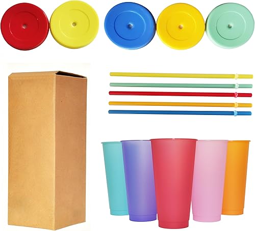 Miniatura 6 de Vasos que cambian de color, paquete de 5 vasos de plástico de 24 onzas, tazas reutilizables para café helado y batido con tapas y pajitas para