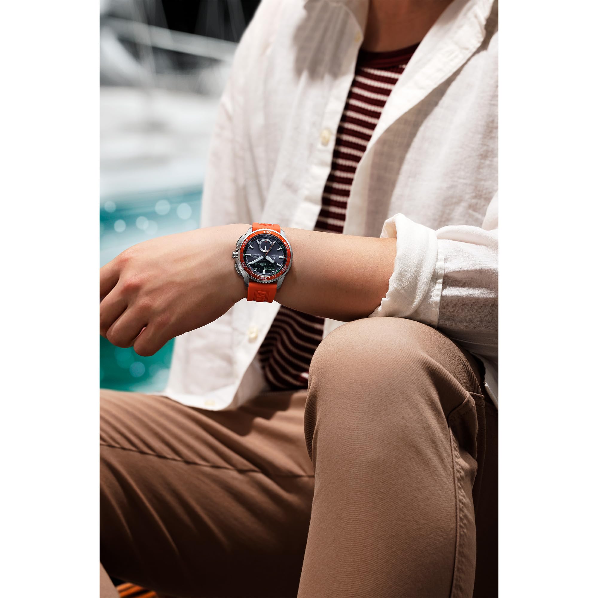 Citizen Eco-Drive WaveTracker para Hombre: Caja de Acero Inoxidable en Tono Plateado de 42 mm con Correa BENEBiOL y Esfera Negra de Rayos solares, Pantalla LCD MIP (Estilo: JV3000-13E)
