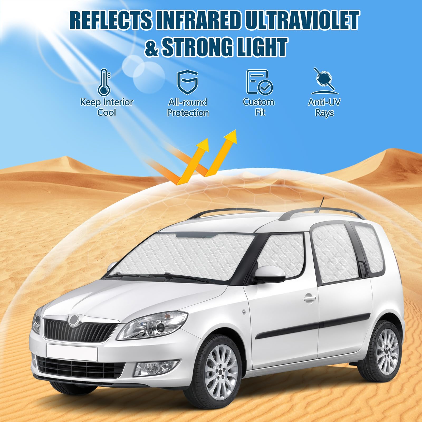 8 Piezas Parasol del Parabrisas Automóvil Reemplazo para Skoda Roomster/Praktik 2006-2015, Tapete Térmico con Tecnología, Cubierta de Visera Plegable Papel Aluminio