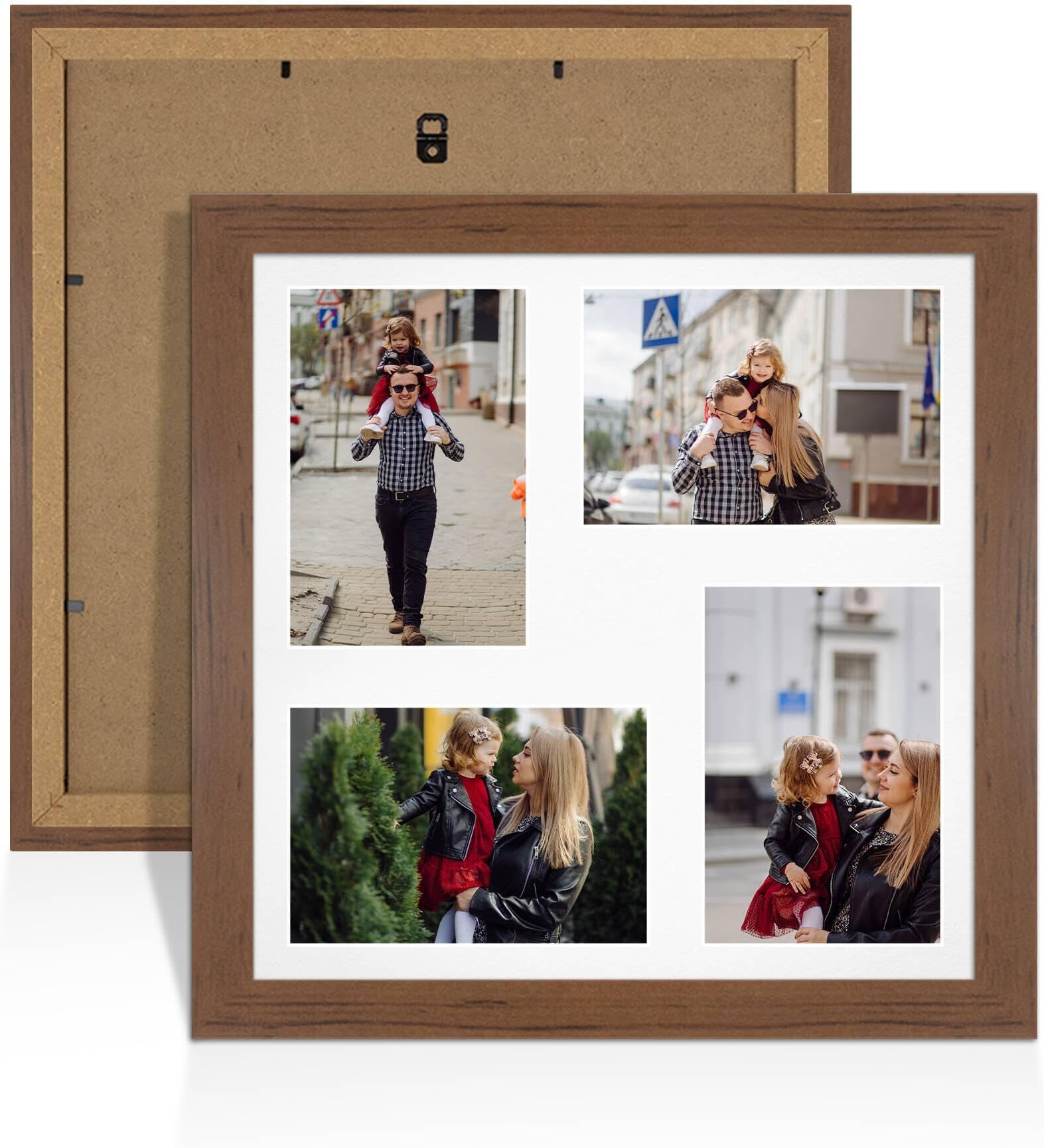 Alison Kingsgate Walnut 12x12 Photo frames for multiple pictures -4 Apertures Collage Frame with White Mount - Holds (4x) 6x4 Photos - Engineered Wood & Perspex