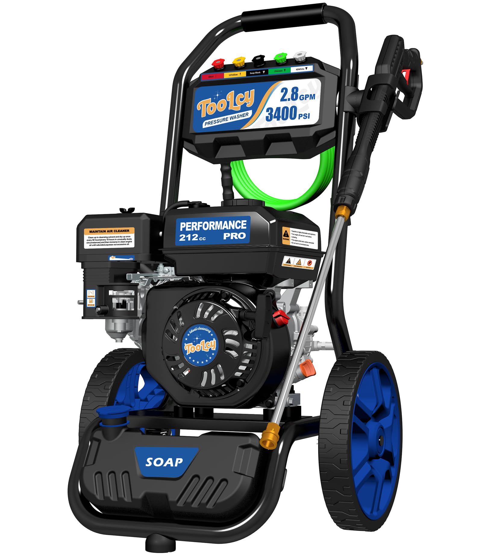 TOOLCY 3400 PSI Gas Pressure Washer, 2.8 GPM Gas Powered Power Washer with Soap Tank, Reinforced Pump & 212cc OHV Engine, 35 FT Pressure Hose, Quick Connect Swivel Pressure Gun, 5 Nozzles for Homes