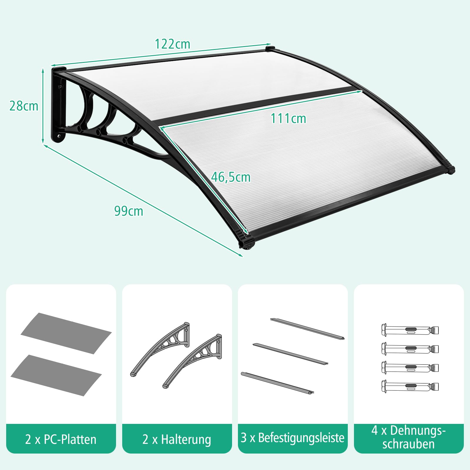 COSTWAY Luifel voor voordeur 199 x 99 cm, overkapping van
