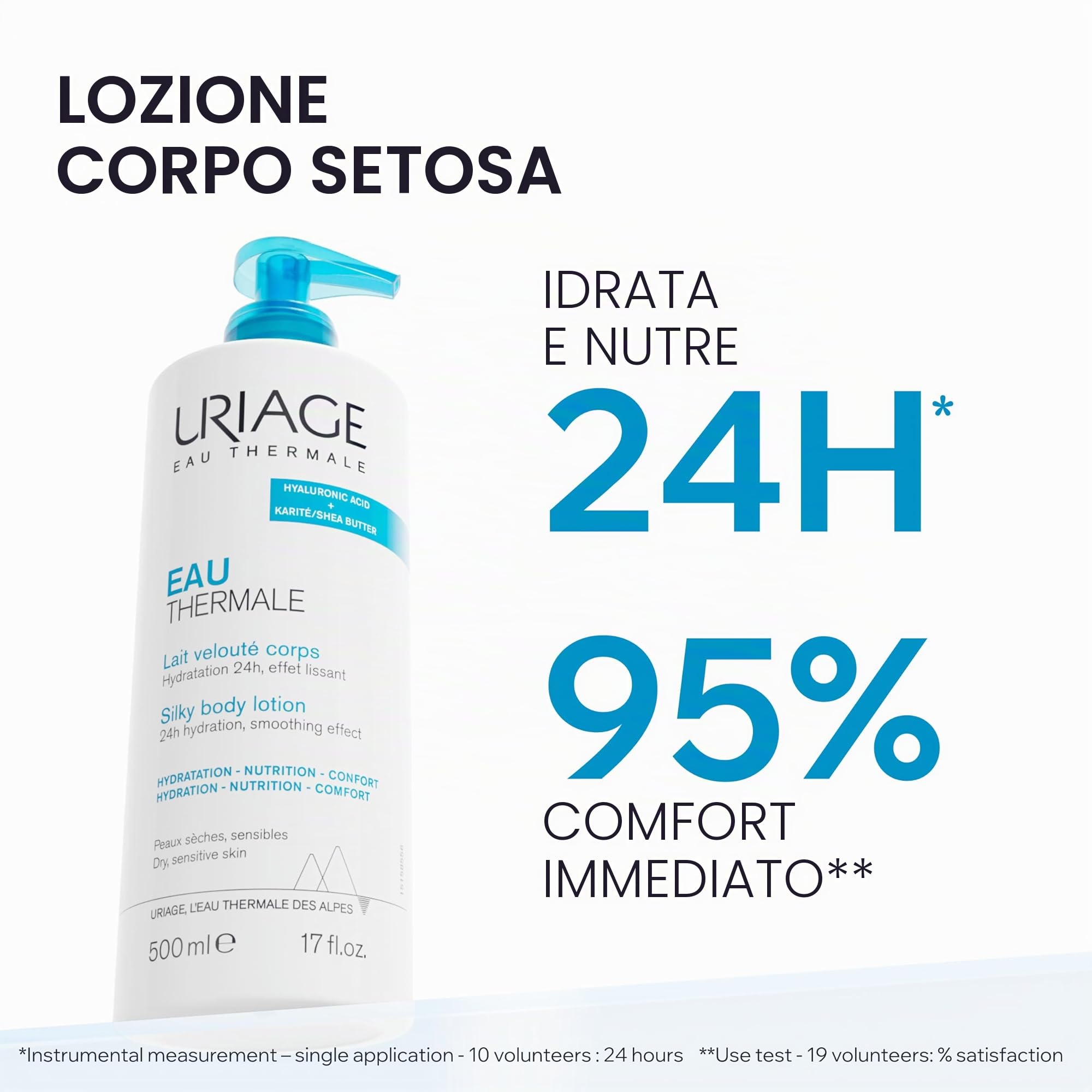 URIAGE EAU THERMALE Latte corpo idratante con BURRO DI KARITÉ E ACIDO IALURONICO I Idratazione intensa per 24 ore. Crema idratante corpo leggera e vellutata I Piacevole profumazione floreale