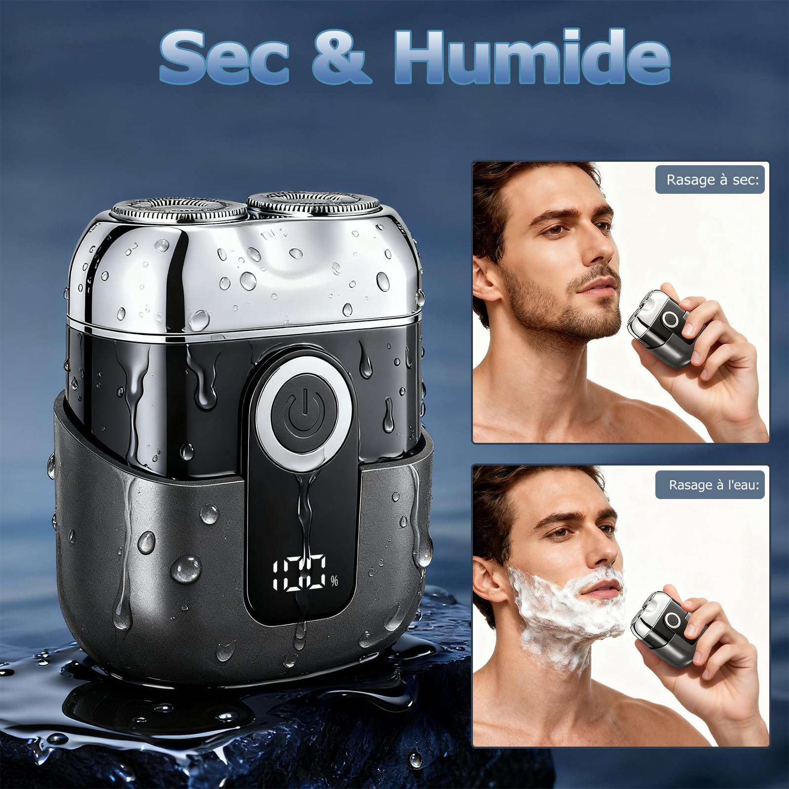 Mini Rasoir Électrique Homme - Rasoir de Voyage Étanche IPX6 avec Écran LED, USB-C Rapide, Double Tête, Silencieux & Portable - Gris