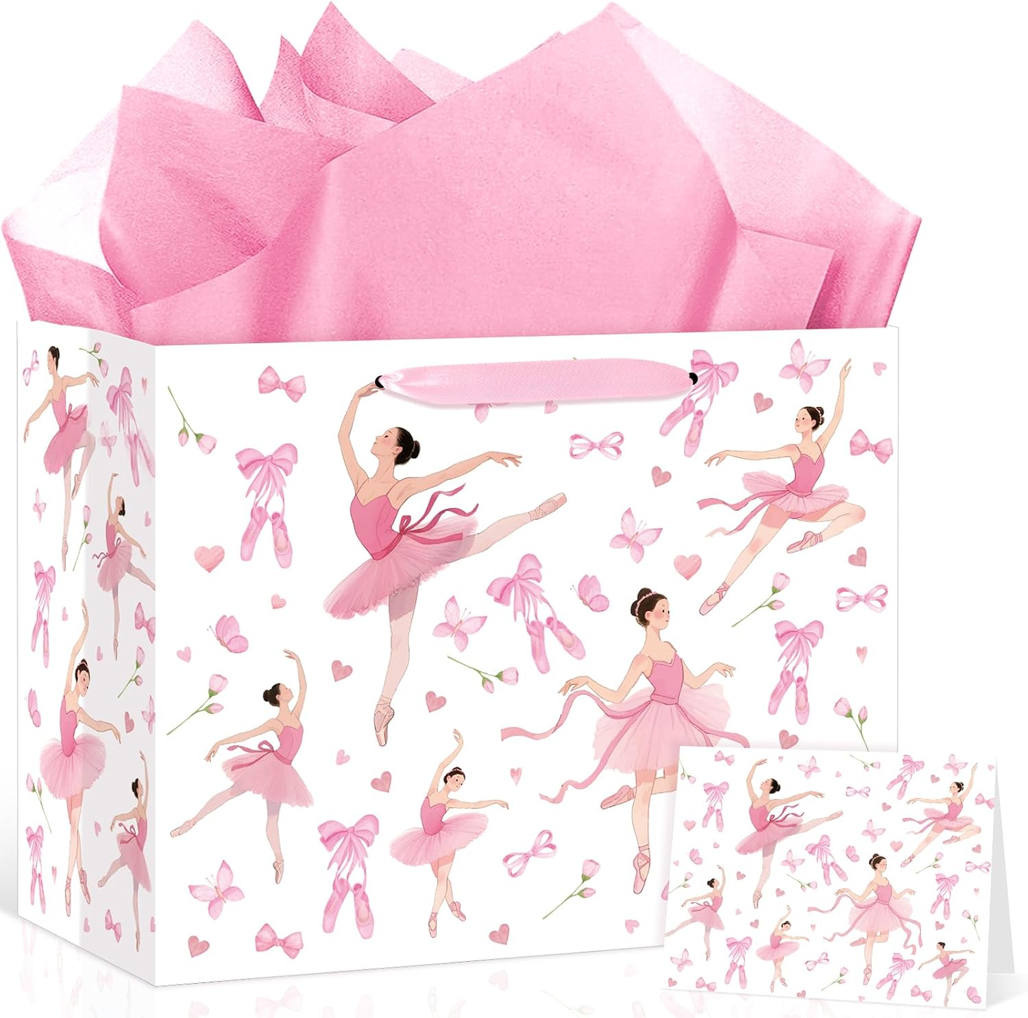 Neptniopllab Ballerina Birthday Gift Bags, Ballet Wrapping Paper Bag Pink Ballerina Party Decoration Gift Bag with Tissue Paper and Greeting Card for Women Ballerina Themed Birthday Party Supplies (Pink Full Print Balleria Pattern)