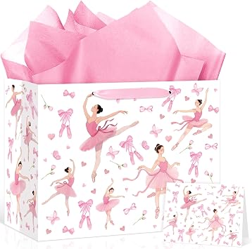 Neptniopllab Ballerina Birthday Gift Bags, Ballet Wrapping Paper Bag Pink Ballerina Party Decoration Gift Bag with Tissue Paper and Greeting Card for Women Ballerina Themed Birthday Party Supplies Pink Full Print Balleria Pattern