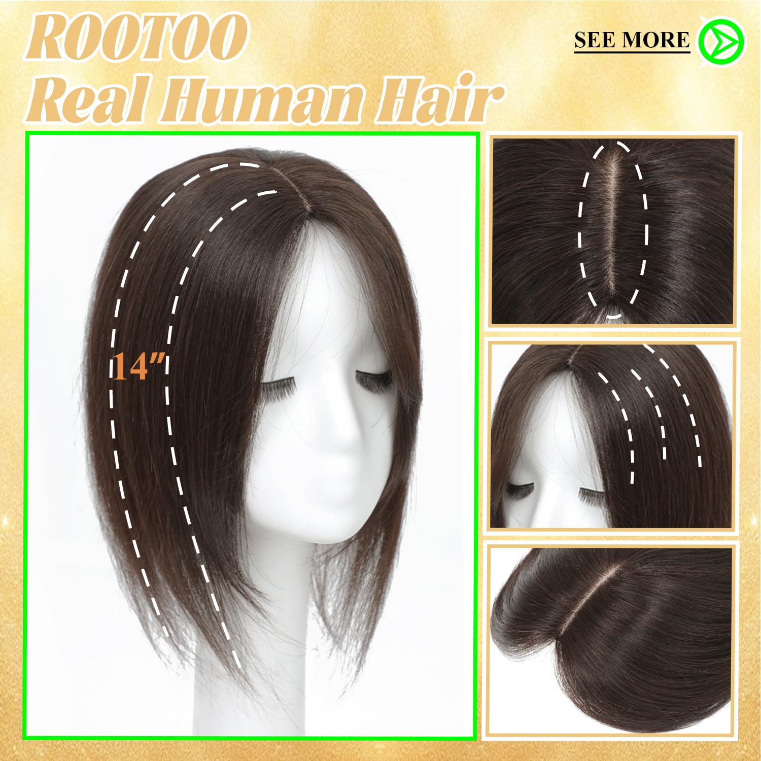 Condition photo showing New/Like New for rootoo hair toppers for women real human hair, 14 inch realistic biological scalp topper hair pieces for women with thinning crown with middle part clip in bangs big base 360° cover (dark brown) dark brown 14 inch