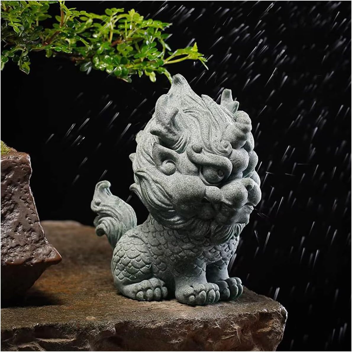 livelyfish Asian Foo Dog Statue Lion Sandstone Sculpture Ancien Chinese Qi Lin Statue for Fish Tank Aquarium Garden Bonsai Decorations, L