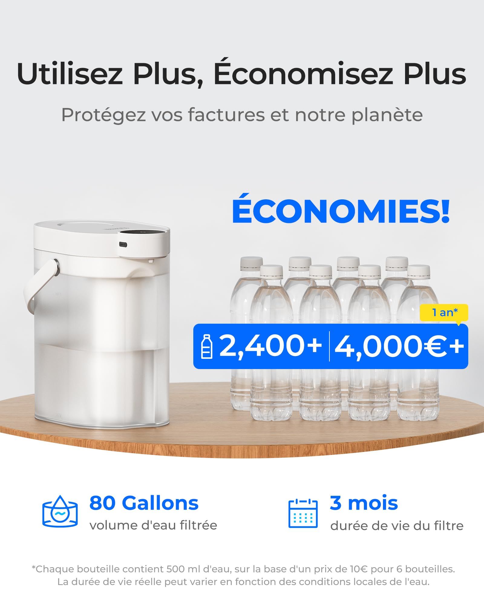 Waterdrop WD-ED11W Rechargeable Adoucisseur Filtre à Eau Distributeur, 3,5L Filtre Anti-Calcaire 3 Mois Sans Installation，Réduit Calcium/Magnésium +70 Polluants