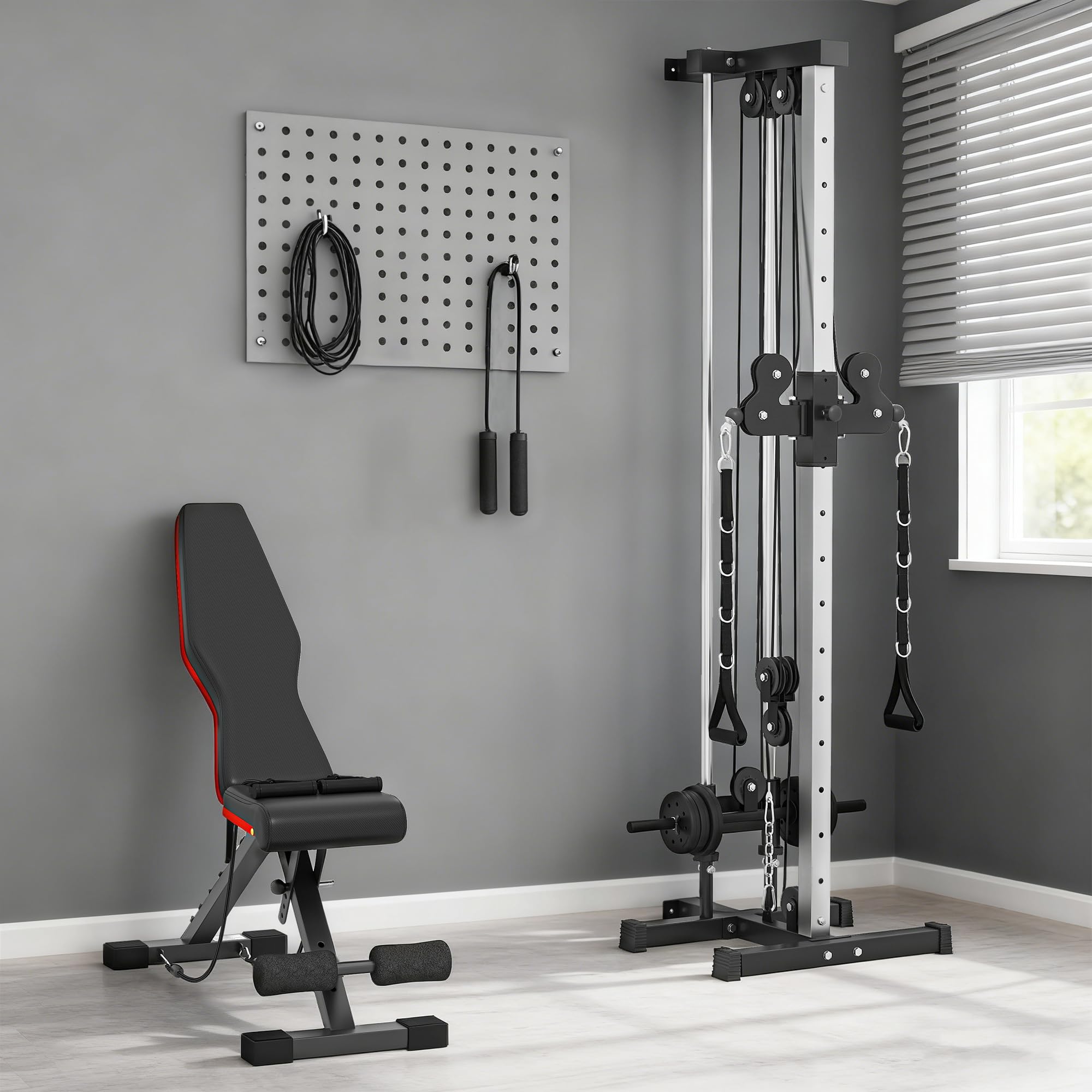 SPORTNOW Station à Poulie Murales 15 Positions + Banc de Musculation Pliable, Ensemble Gym Complet pour Haut du Corps et Abdos, avec Coussin Rembourré, 62x60x200cm, Noir