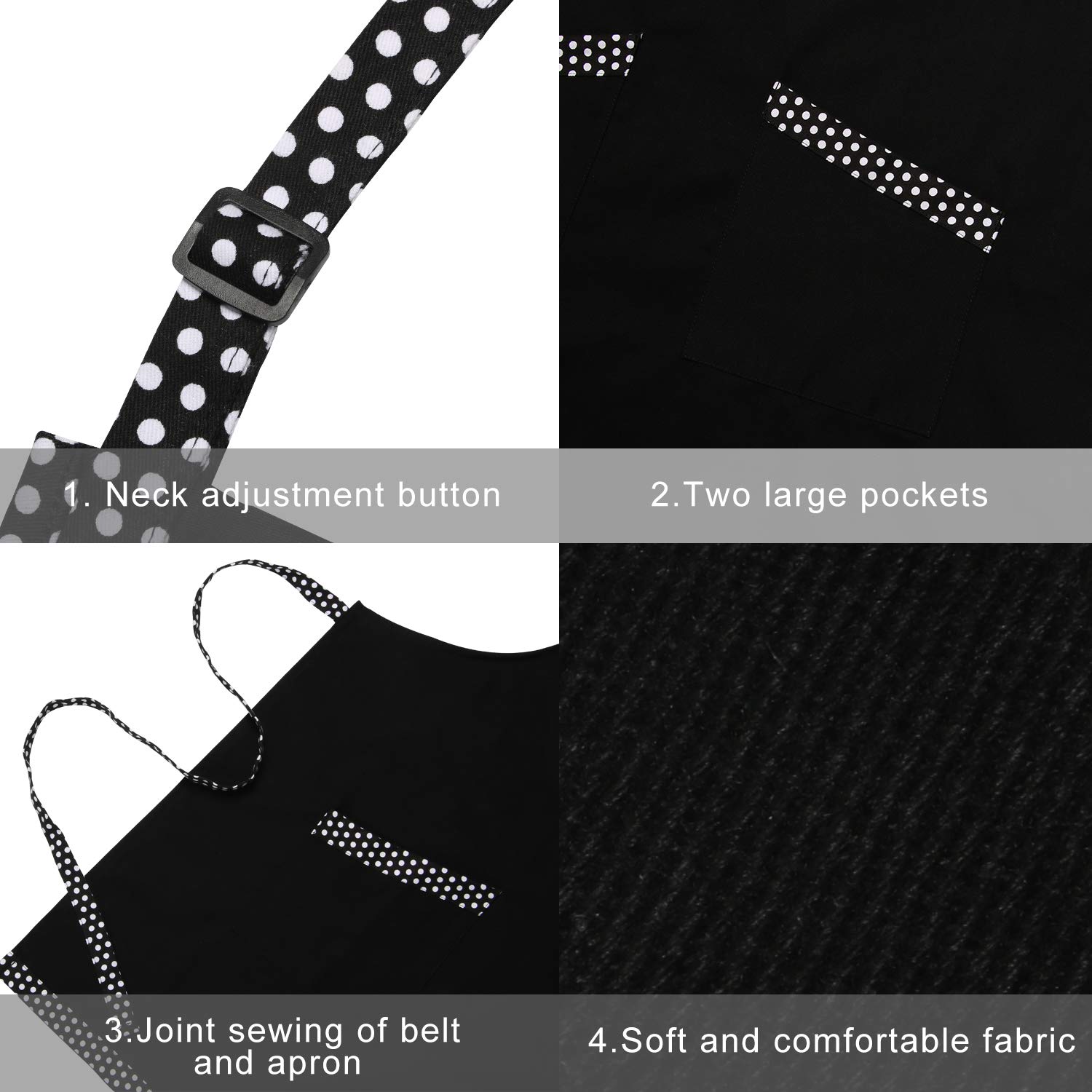 HXOR Cooking Bib Aprons for Women, Adjustable Cotton Cute Polka Dot Aprons with Extra Long Ties and 2 Pockets for Kitchen, Men, Chef, 32x28inch