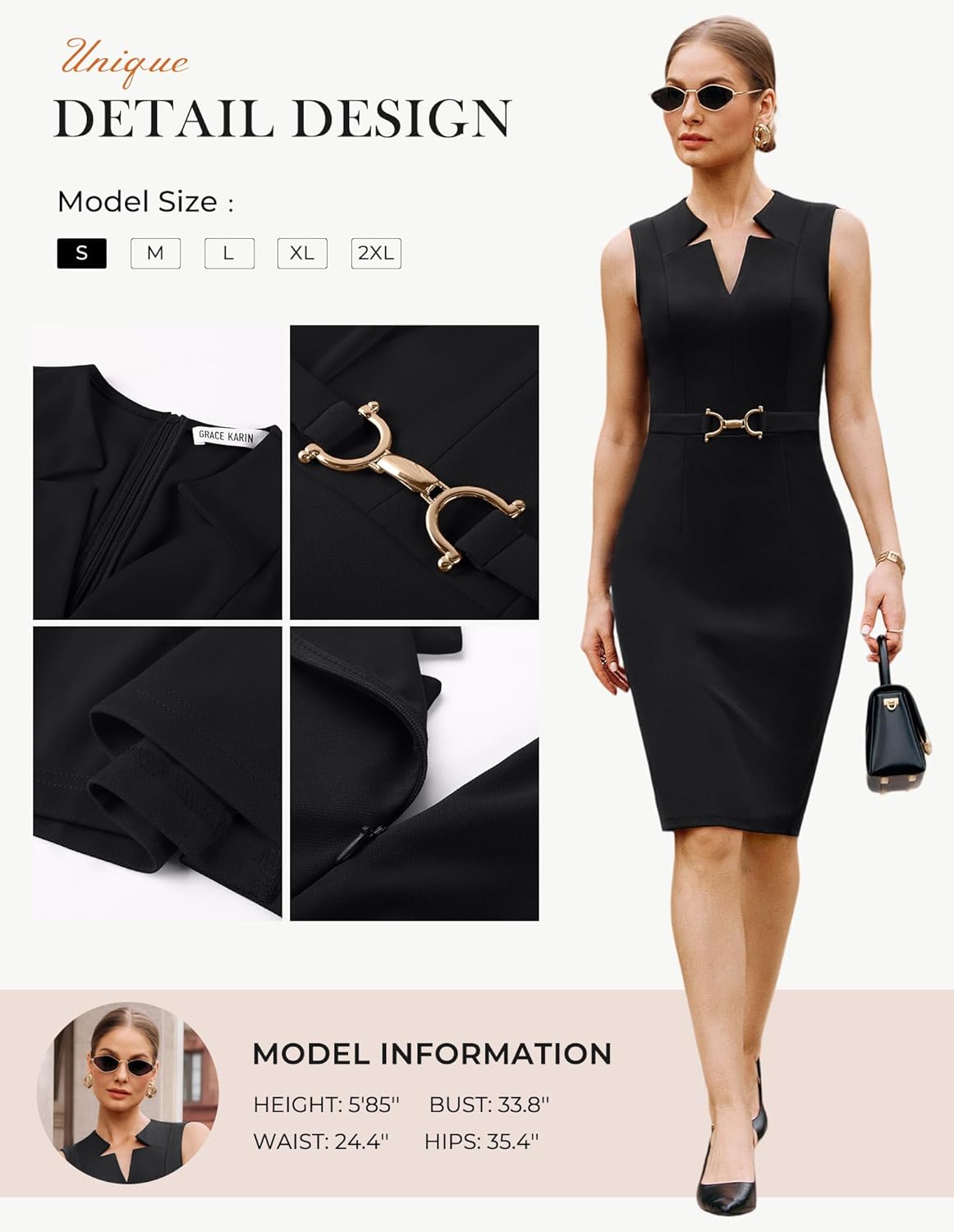 GRACE KARIN Work Dresses for Women 2026,V Neck Business Office Bodyon Dress,Sleeveless Pencil Semi Formal Midi Dress - Image 5