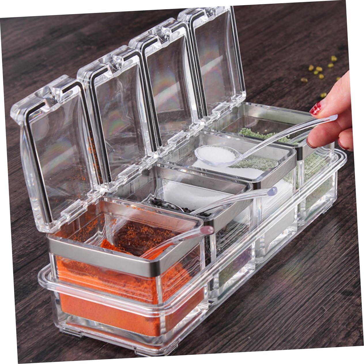 Luxshiny Gewürzbehälter Praktisches Küchenaufbewahrungsetui 4 Stück Acryl mit Deckel und Tablett Gewürzgläser für Salz und Gewürze als Einzugsgeschenk
