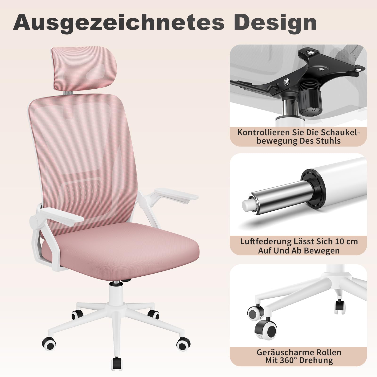 naspaluro Bürostuhl mit Lenden- und Kopfstütze, Drehstuhl mit 90° Klappbaren Armlehnen (Mit Kopfstütze, Rosa)