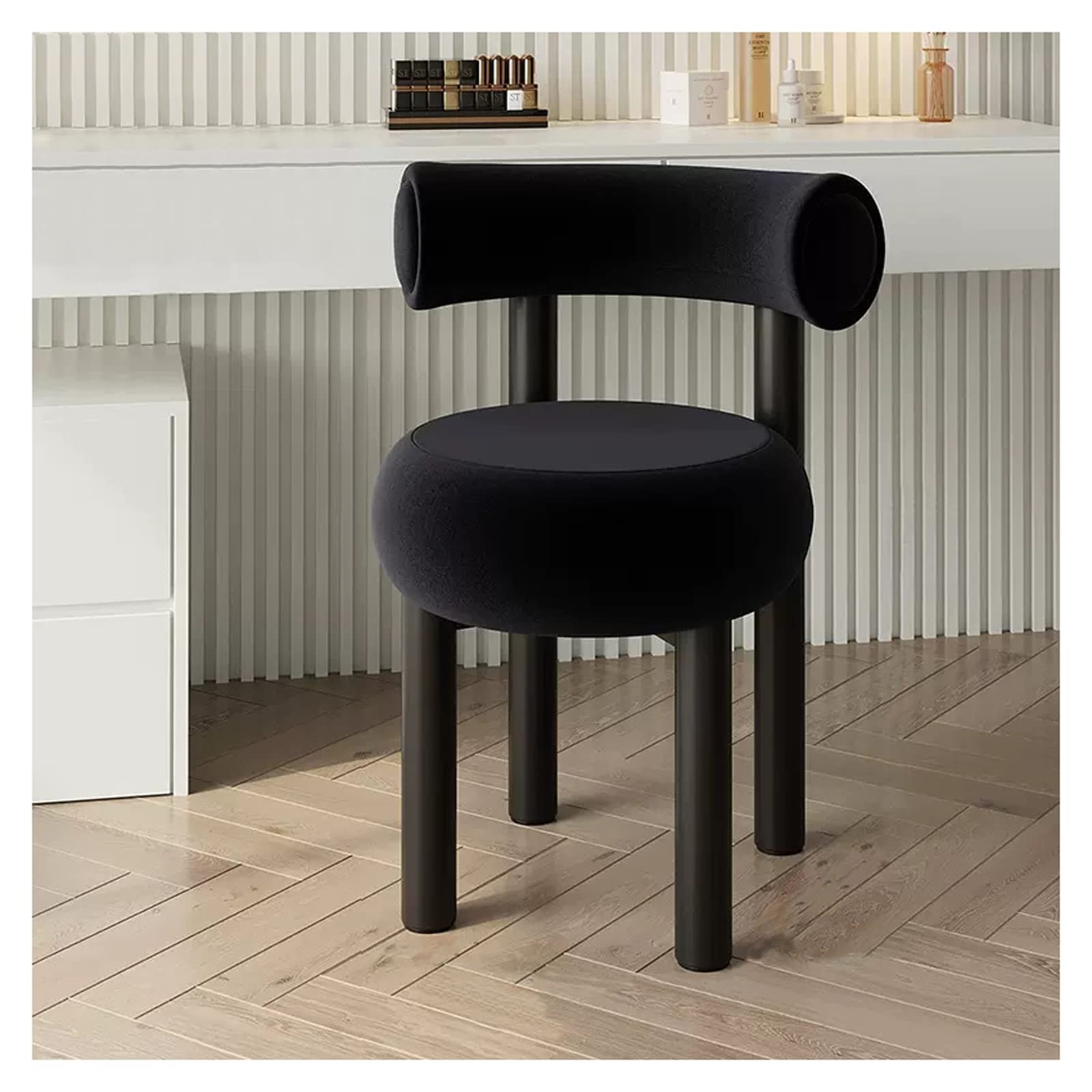 Makeup Stool Living Room Bench Seat Stool Children's Stool Back Chair Dining Stool Velvet Fabric Iron Frame Size 58 * 61 * 75 Cm/22.8 * 24 * 29.5 Inches(Color:black)