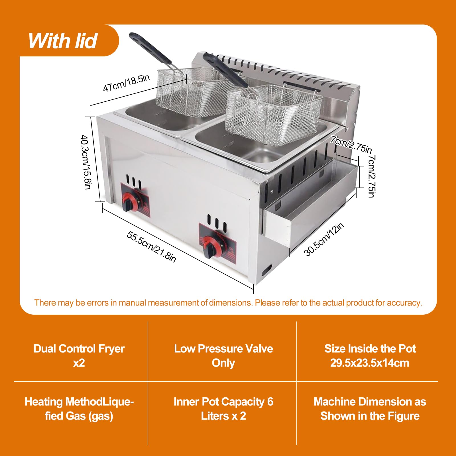 Freidora de Gas de 20 L Freidora Profesional Doble de Gran Capacidad Freidora Multifunción LPG de Aceite Industrial Acero Inoxidable Fácil de Limpiar para Uso Doméstico Y Comercial