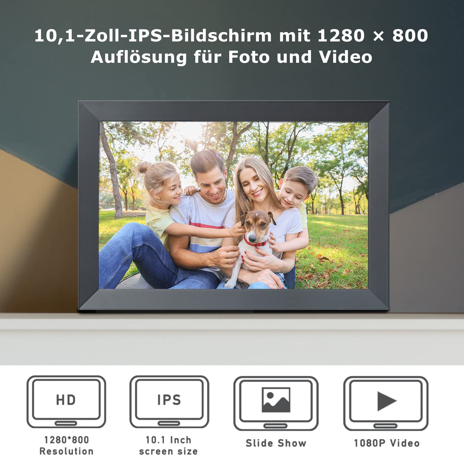 Digitaler Bilderrahmen WLAN 10.1 Zoll, HD IPS-Touchscreen Elektronischer Bilderrahmen mit 32 GB Speicher, Automatische Drehung, Teilen von Fotos oder Videos überall über Frameo App