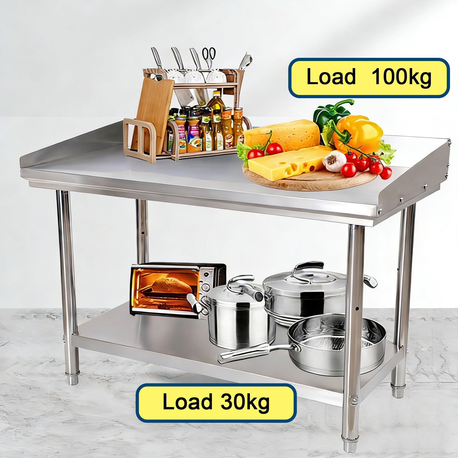 Edelstahl-Werkbank mit Spritzschutz und verstellbaren Beinen, zweistufiges Design mit verstärkten Ecken und Querträgerstütze, höhenverstellbare Einlegeböden