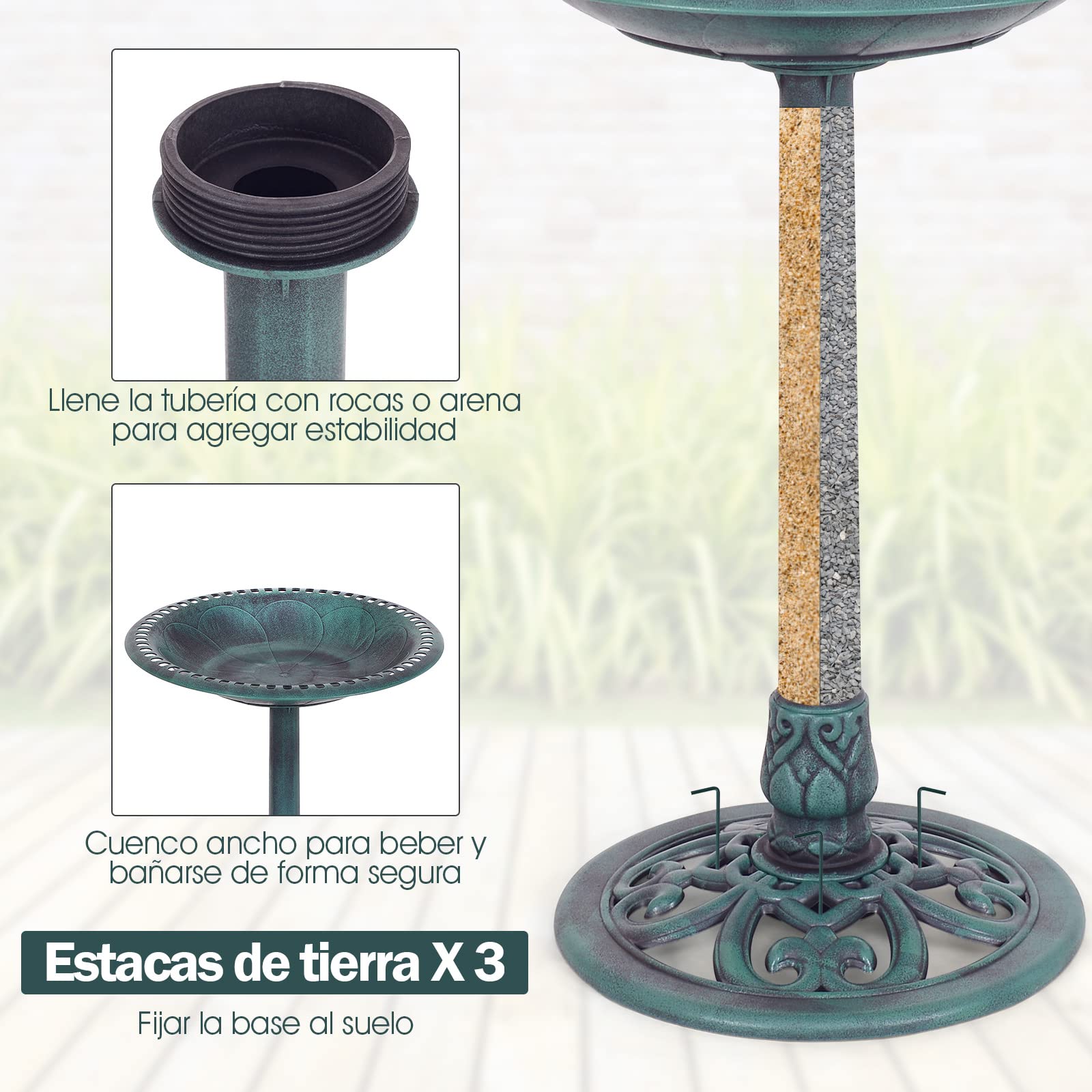COSTWAY Comedero Pajaros Exterior de PP, Alimentación de Aves de Jardín, Comedero Vertical para Pájaros en Estilo Retro, Decorativo Exterior Baño de Pájaros (Verde Cobre, 51 x 51 x 72 cm) — view 5