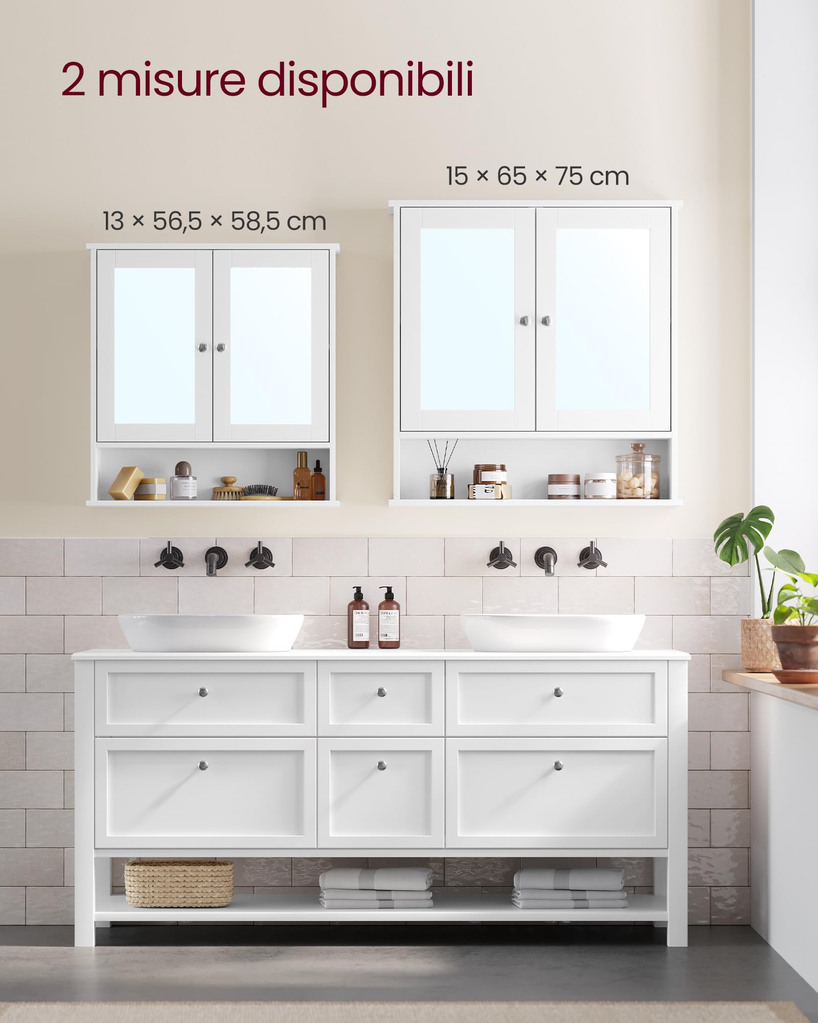 VASAGLE Armadio da Bagno, Specchiera, Mobile da Parete con 2 Ante a Specchio e Scomparto Aperto, Ripiano Regolabile, Montaggio a Parete, 13 x 56,5 x 58,5 cm, Bianco LHC002