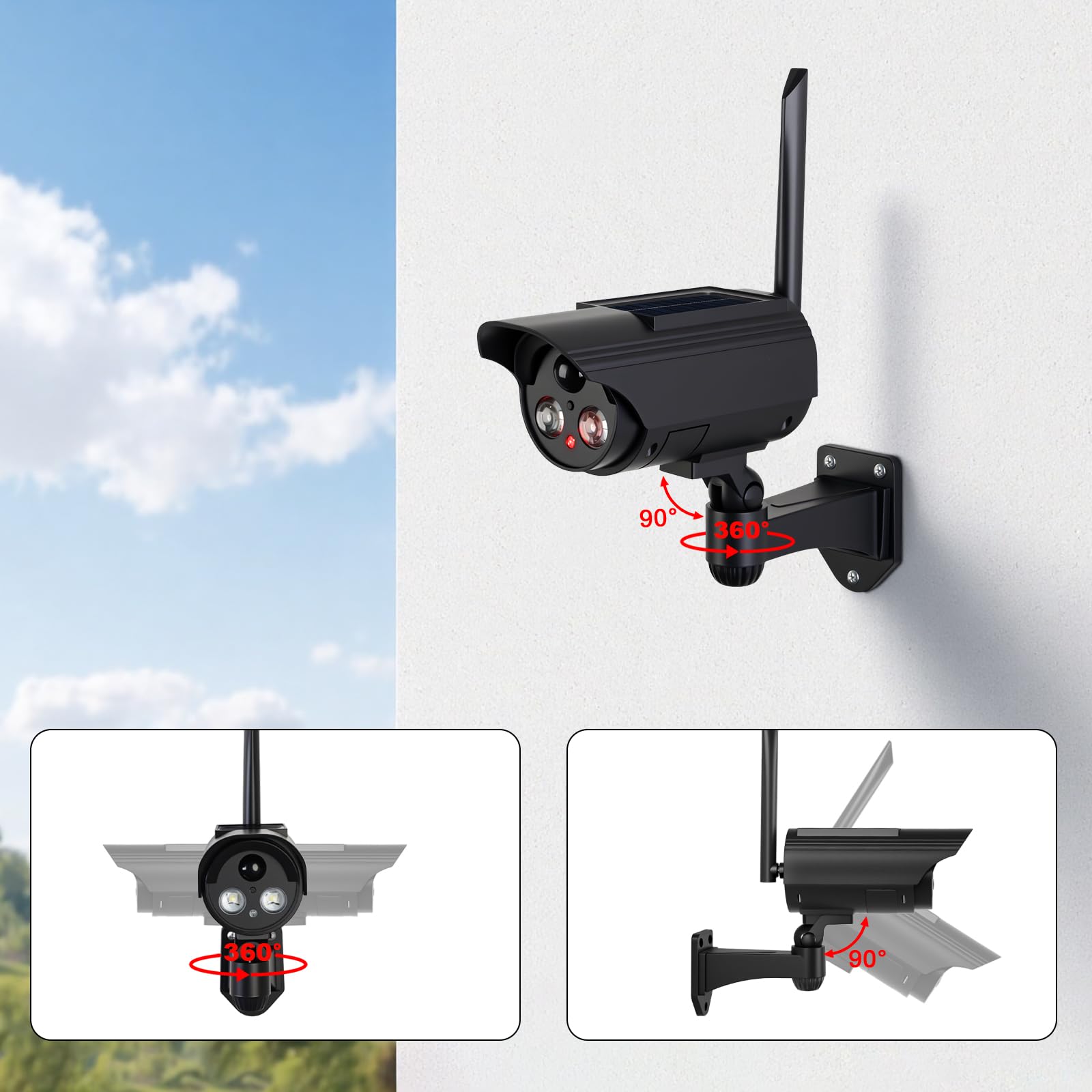 ERWEY Caméra solaire factice simulée avec détecteur de mouvement, caméra de surveillance avec lampe LED puissante comme protection anti-effraction, 3 modes, IP65 pour l'intérieur et l'extérieur