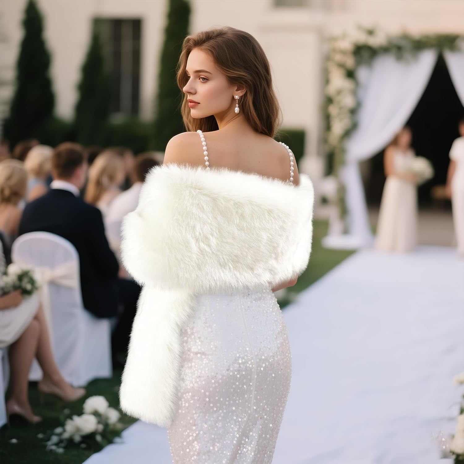 Women's Faux Fur Shawl, Long Winter Warm Scarf Shawl for Bridal Wedding Party Festive Celebrations Christmas - Image 2