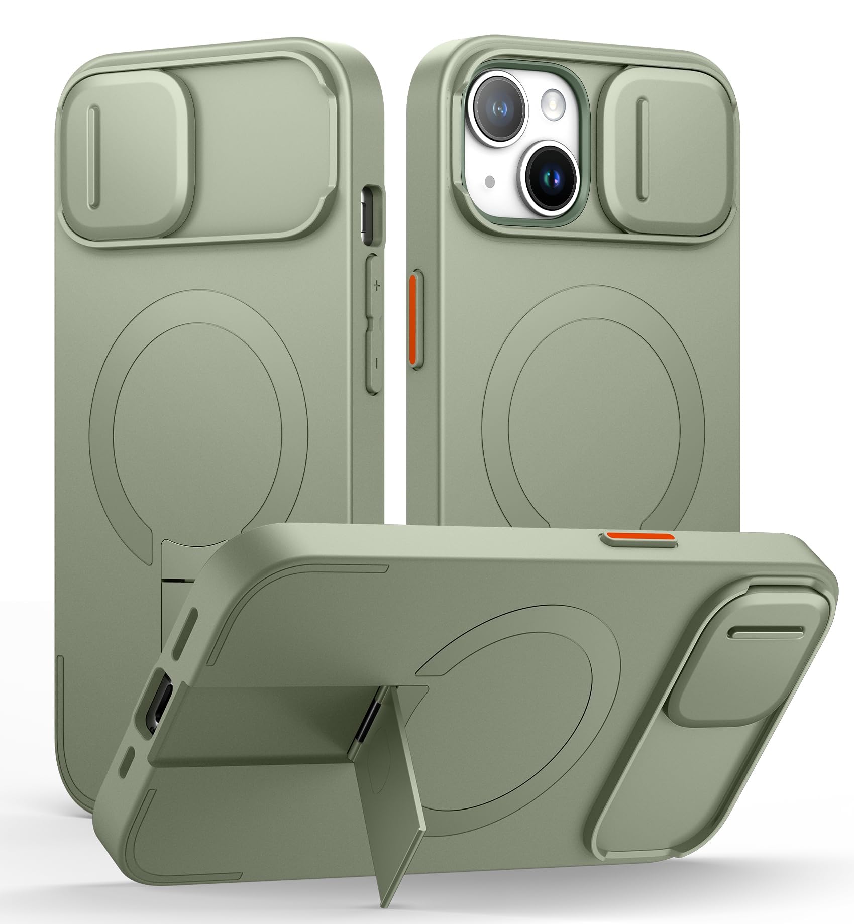 SURITCH for iPhone 15 Case with Magnetic Camera Slide Cover and Adjustable Kickstand, Compatible with MagSafe, Shockproof Bumper Case Slim Protective Cover 6.1 Inch, Green