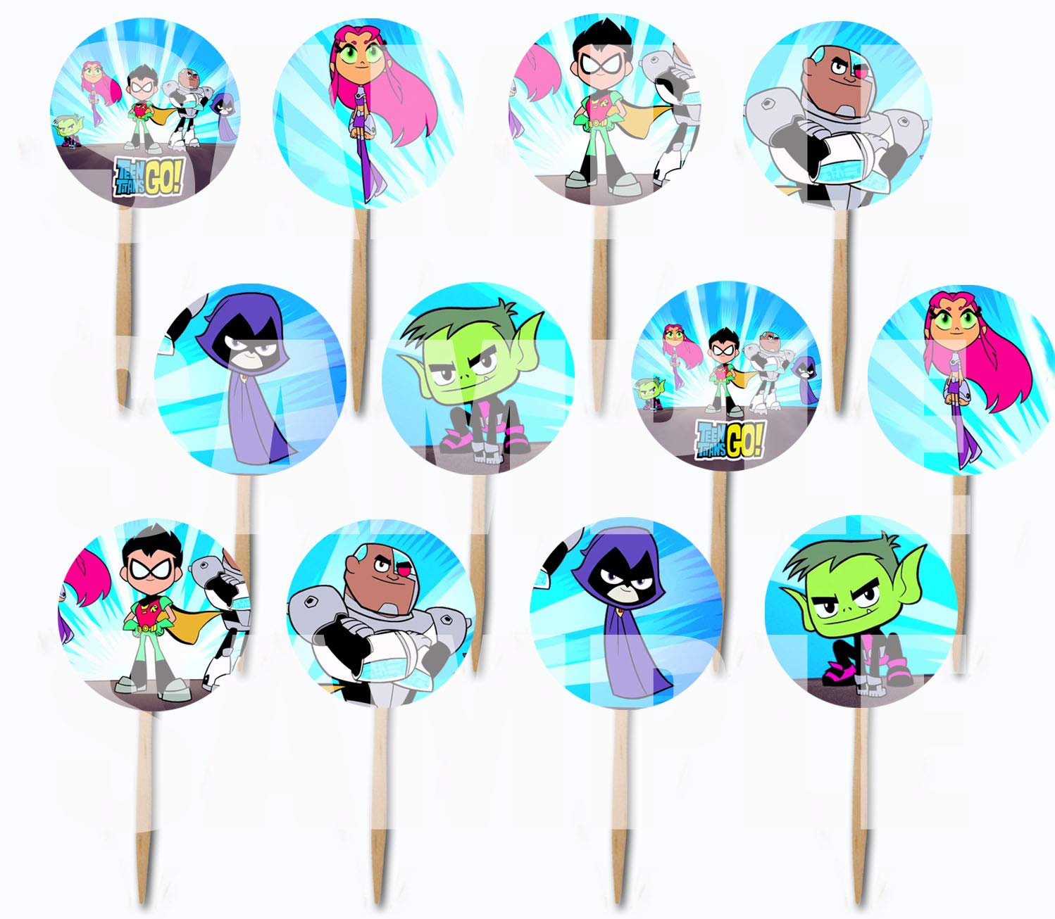 Party Over Here Teen Titans GO Picks Double-Sided Images Cake Topper -12,Robin, Starfire, Cyborg, Raven, Beast Boy Super Heroes