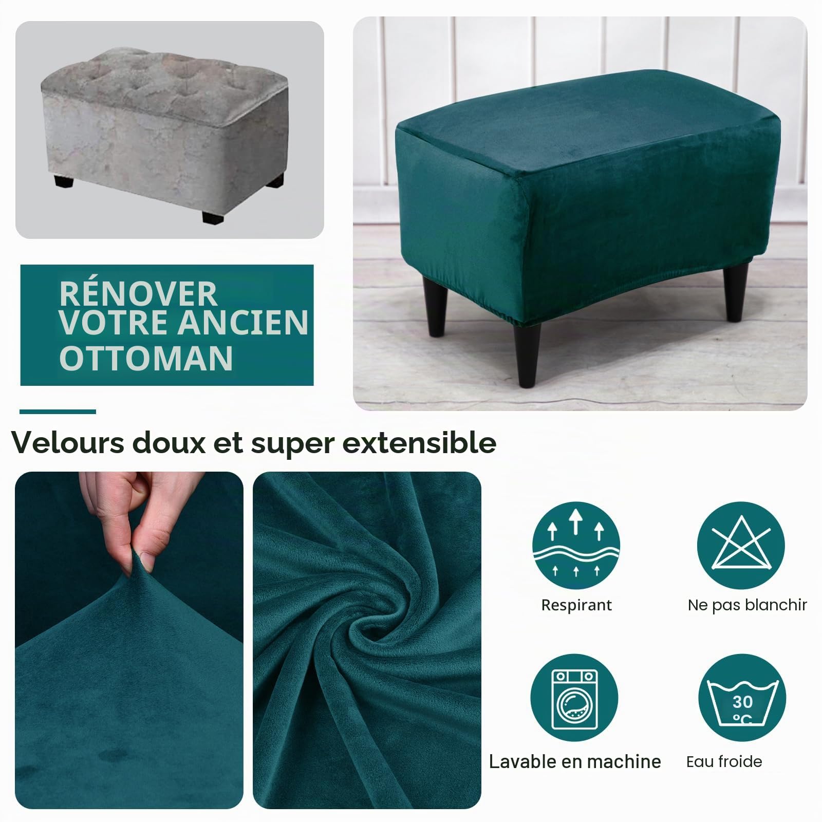 Alishomtll Lot de 3 housses de fauteuil à oreilles avec ottomane - En velours extensible - Couleur unie - Housse de chaise avec accoudoirs - Dossier haut - Turquoise