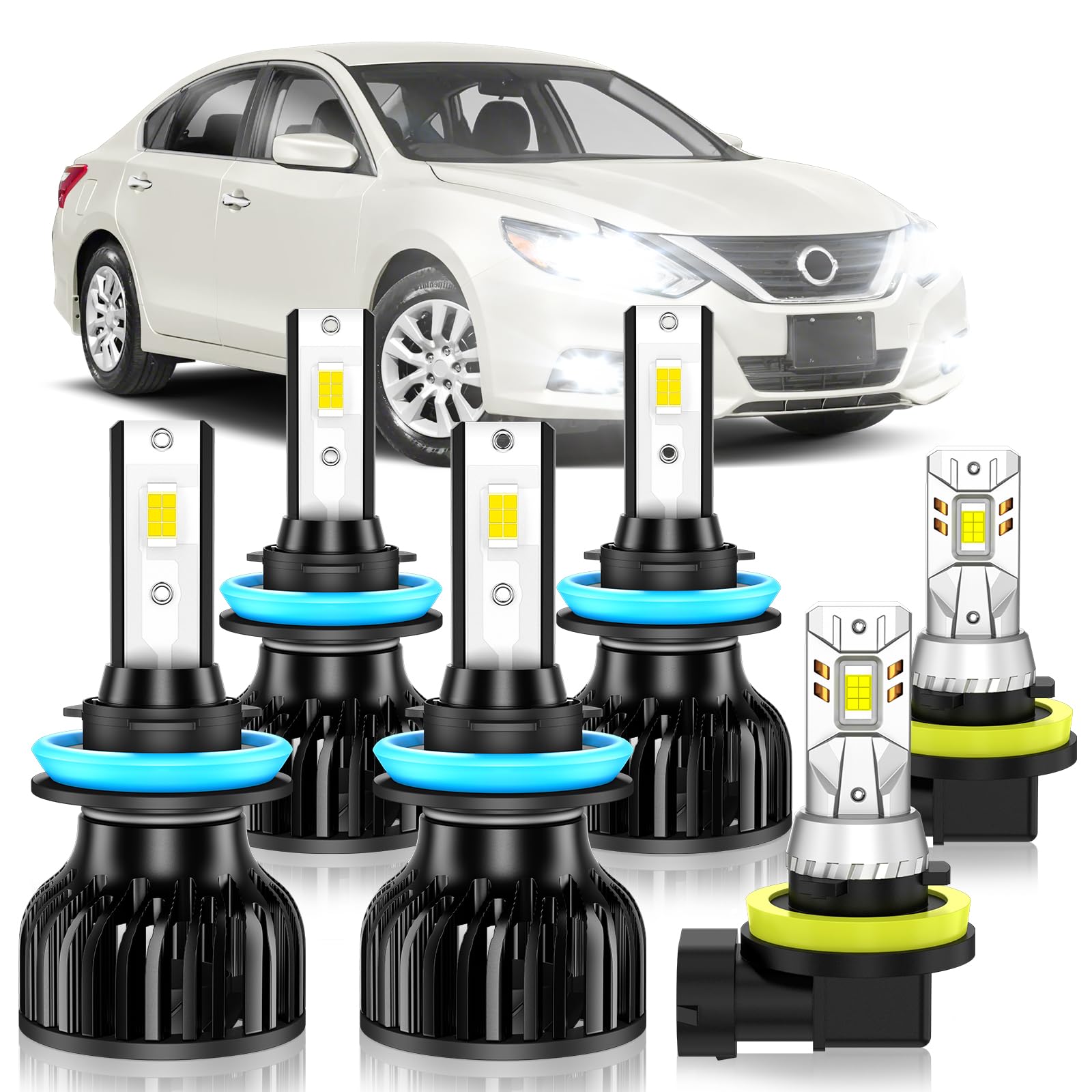 Fit for 2007-2018 Nissan Altima Hi&Lo Fog Light Bulbs Combo | Hi/Lo Dual Beam Fog Light Bulb Combo, 600% Upgraded Brightness, 6000K White, Hollow Out Base & Fan Cooling, Pack of 6