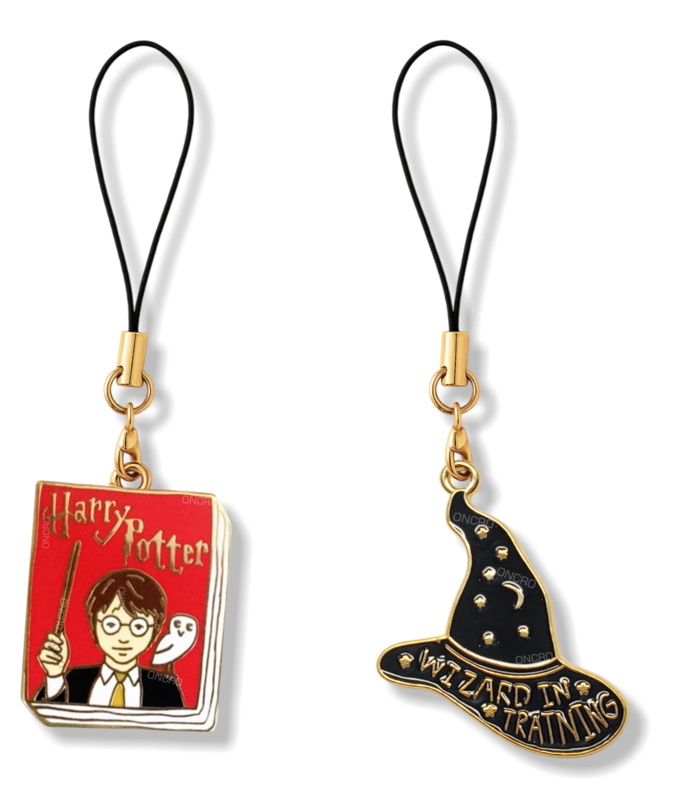 Pack of 2 Harry Potter Book & Hat pendant pair set phone charms Gold aesthetic Accessory for girls Women backpack hanging keychain keyring necklace bracelet thread Ornament Smart combo-image-11