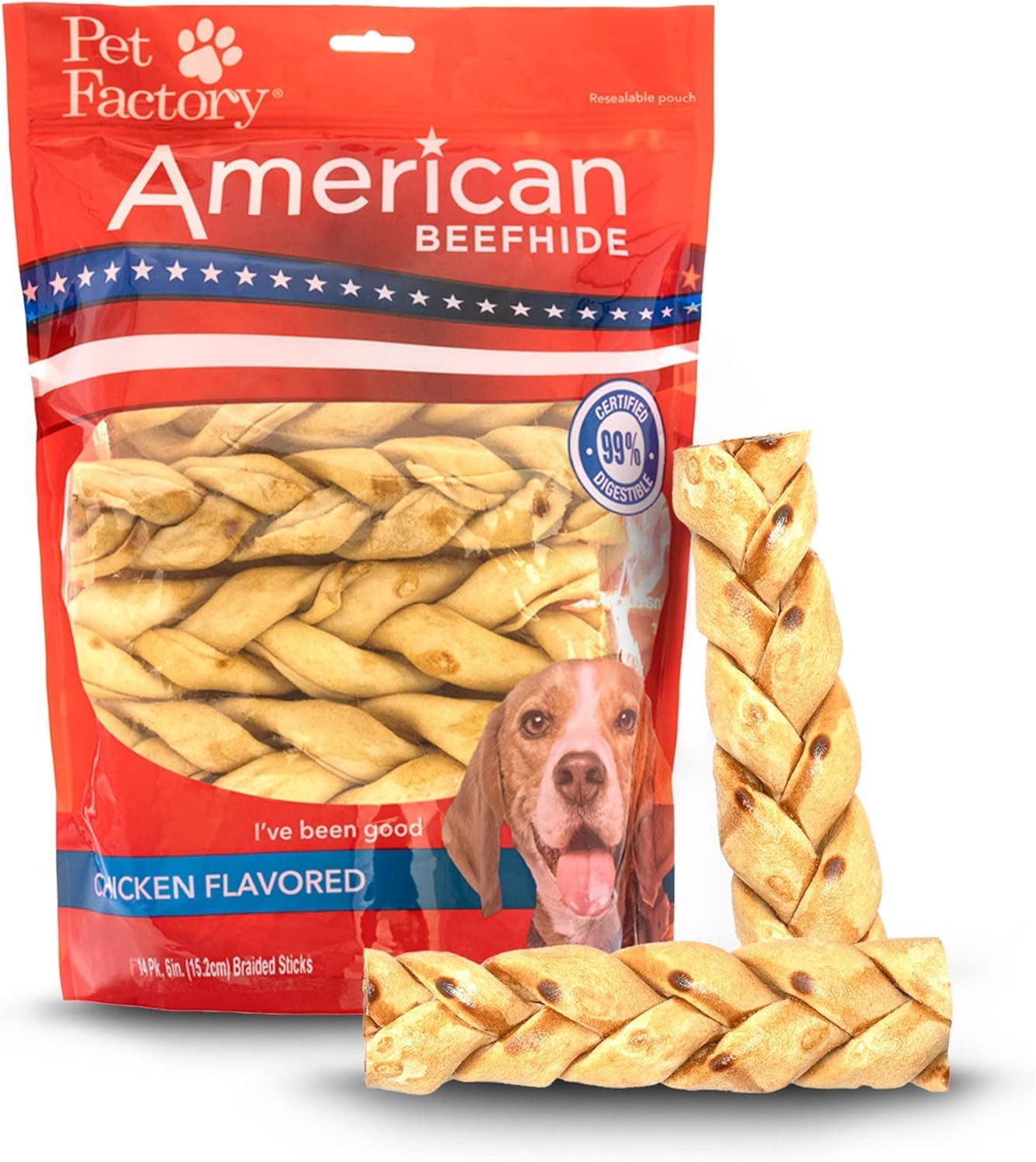 Pet Factory American Beefhide 6" Braided Sticks Dog Chew Treats - Chicken Flavor, 14 Count/1 Pack