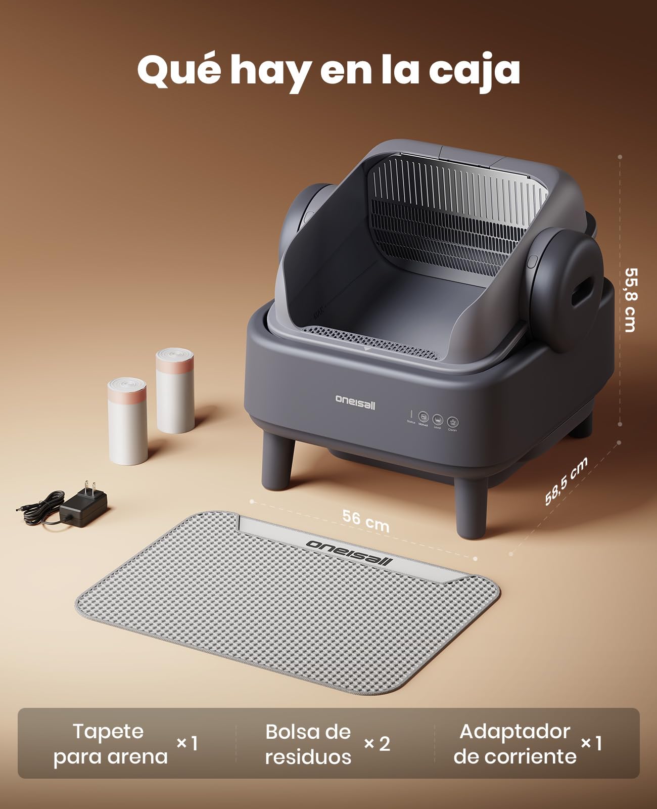 oneisall Arenero para gatos autolimpiante con sistema EaseClean™, arena autolimpiante para gatos XXL para gatos grandes, rejilla de acero inoxidable, modo automático y manual, incluye alfombrilla y 40