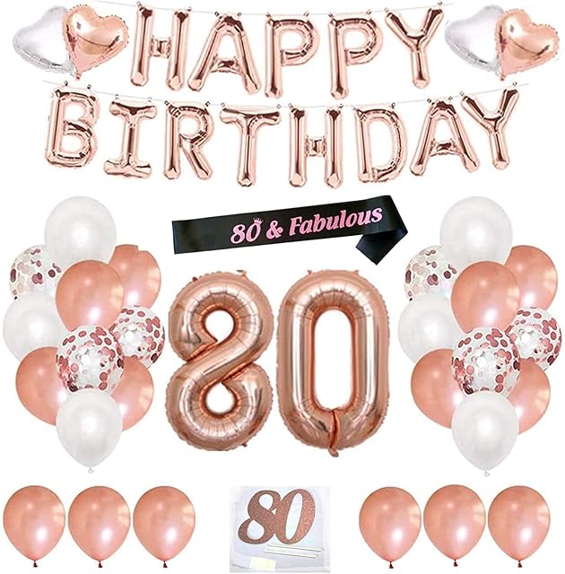 Finypa 80th Birthday Decorations for Women - 80th Happy Birthday Decoration Gold Rose with Sash, Number 80 Foil Balloon, Happy Birthday Banner, Happy 80th Birthday Cake Topper