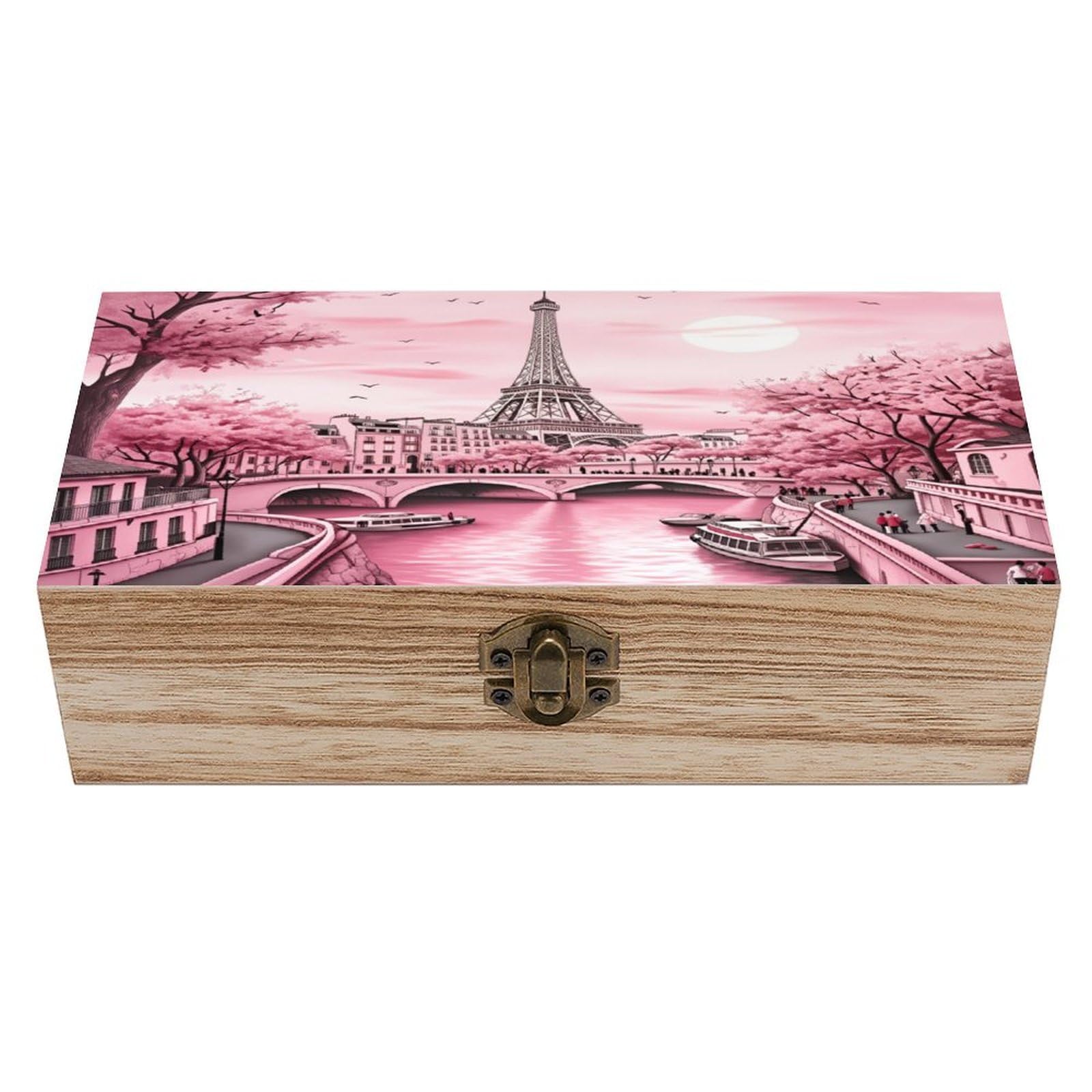 asbwuo Pink Eiffel Tower Vintage Wooden Keepsake Box
