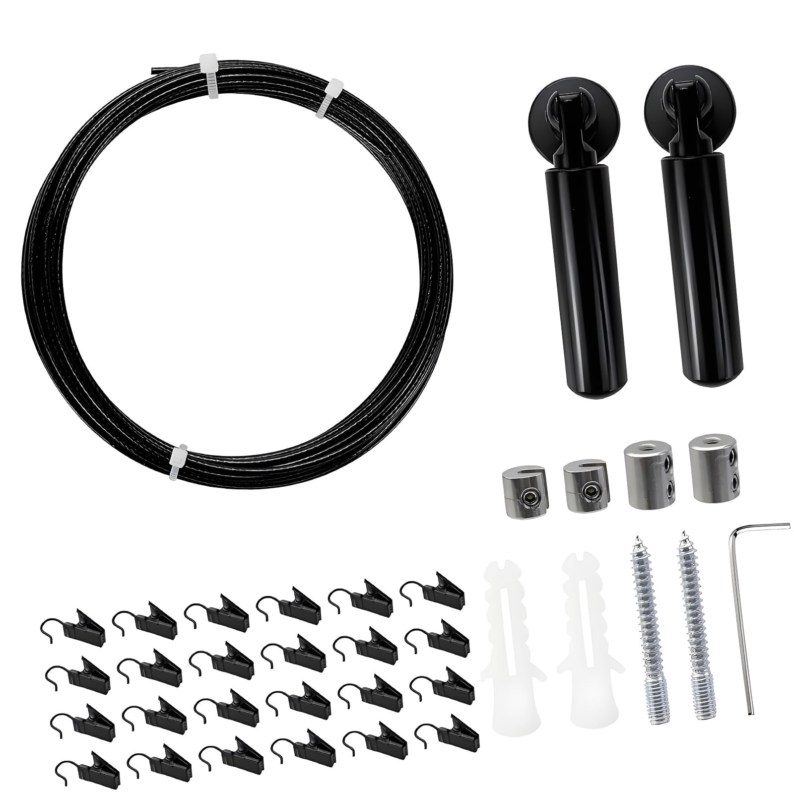 APGLSXY Wall Mount Curtain Wire Rod Set Multifunctional Metal Clothesline Picture Hanging Wire with 24 Clips for Clothes Wall Mount Curtain Rod Set
