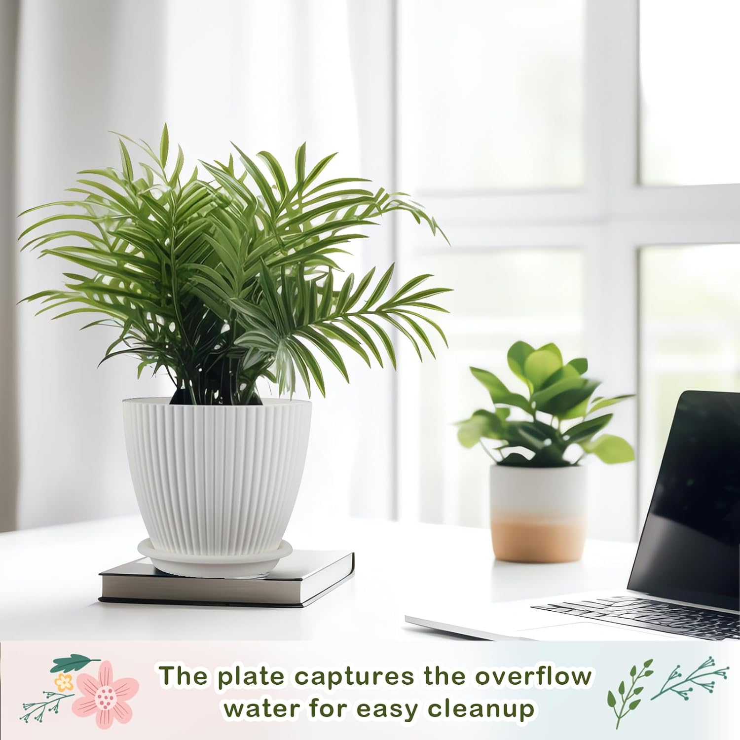 Suclain 10 Pack 6 Inch Plant Pots with Drainage Hole and Tray Saucer Plastic Flower Pots for Indoor Plants for Your Room, Office, Garden Decor(Vertical Stripe)
