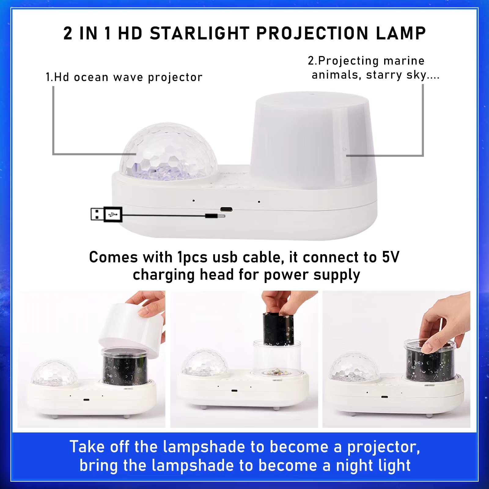 Projektor światła nocnego oceanu, dziecięcy projektor galaktyki do sypialni, mgławica, projektor gwiazd z kablem USB, obrót o 360 stopni, lampka nocna dla dzieci, do dekoracji imprez