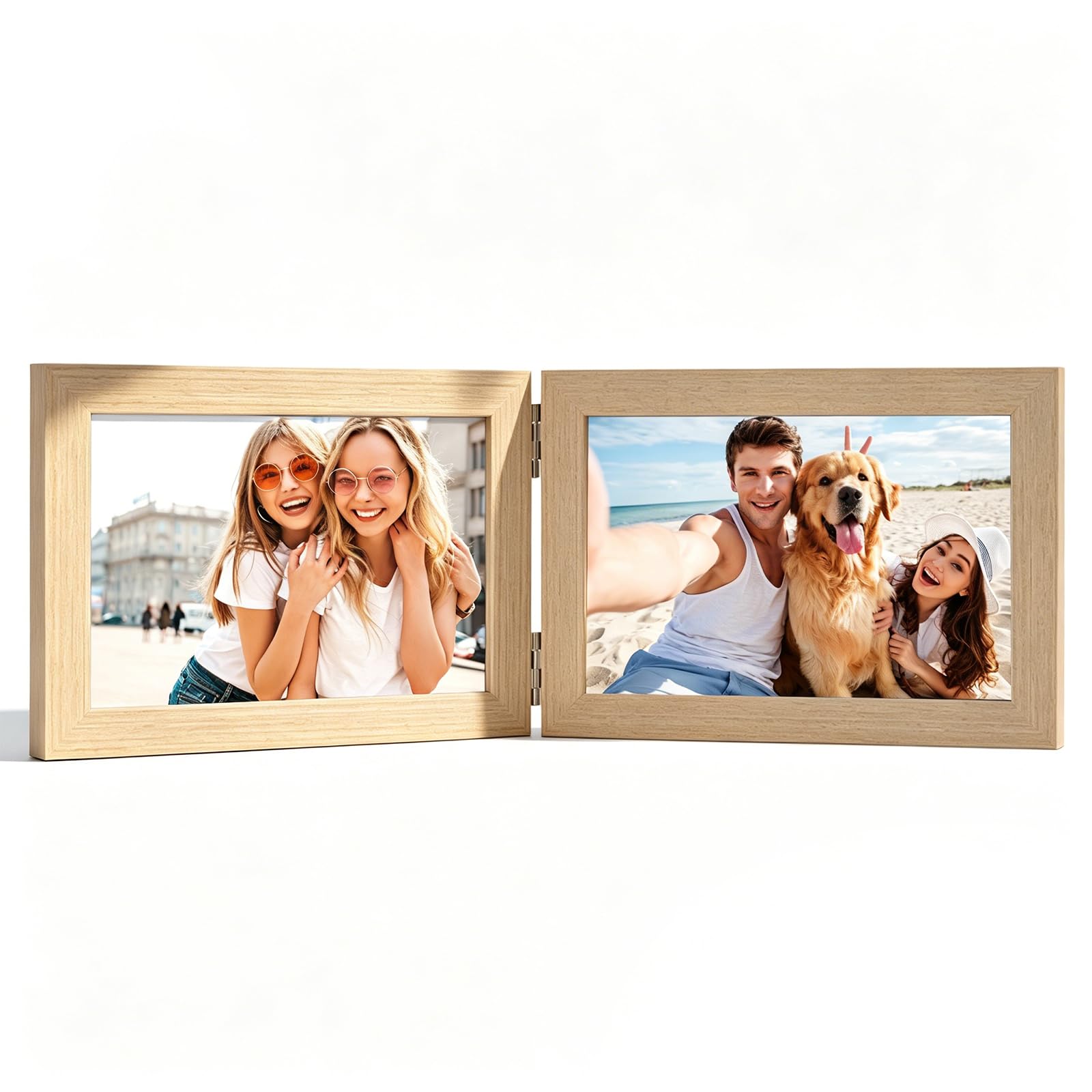 Double Photo Frame 6x4, Wooden Family Photo Frame Foldable Landscape Double Picture Frames with Acrylic for Wedding Family Tabletop Desk Display