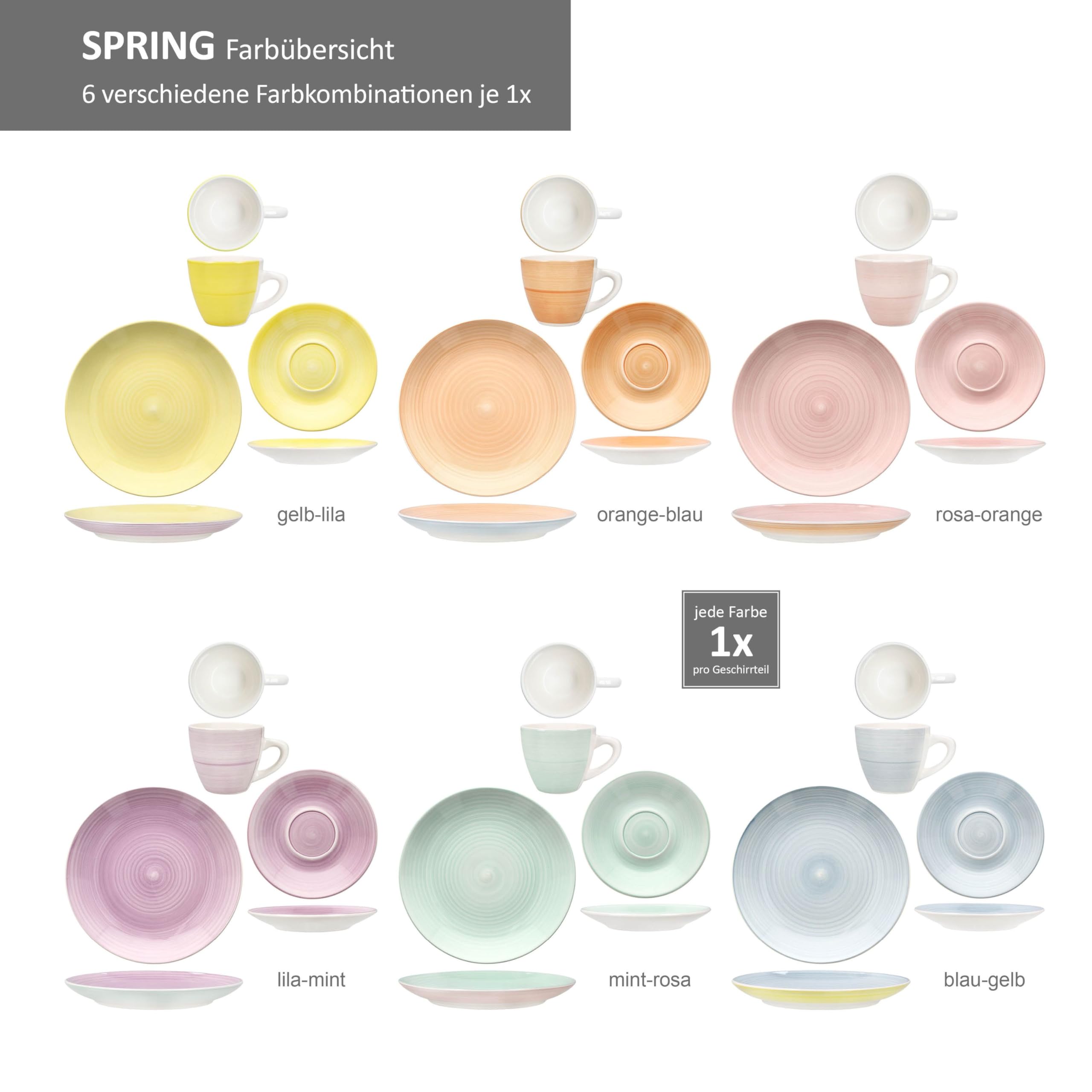 MamboCat Spring 18tlg Kaffeeservice I Steingut Geschirr Set I je 6X Bunte Kuchenteller, Untertassen & Tassen 160ml I Gelb, Orange, Rosa, Lila, Mint & Blau I Kaffee & Kuchen