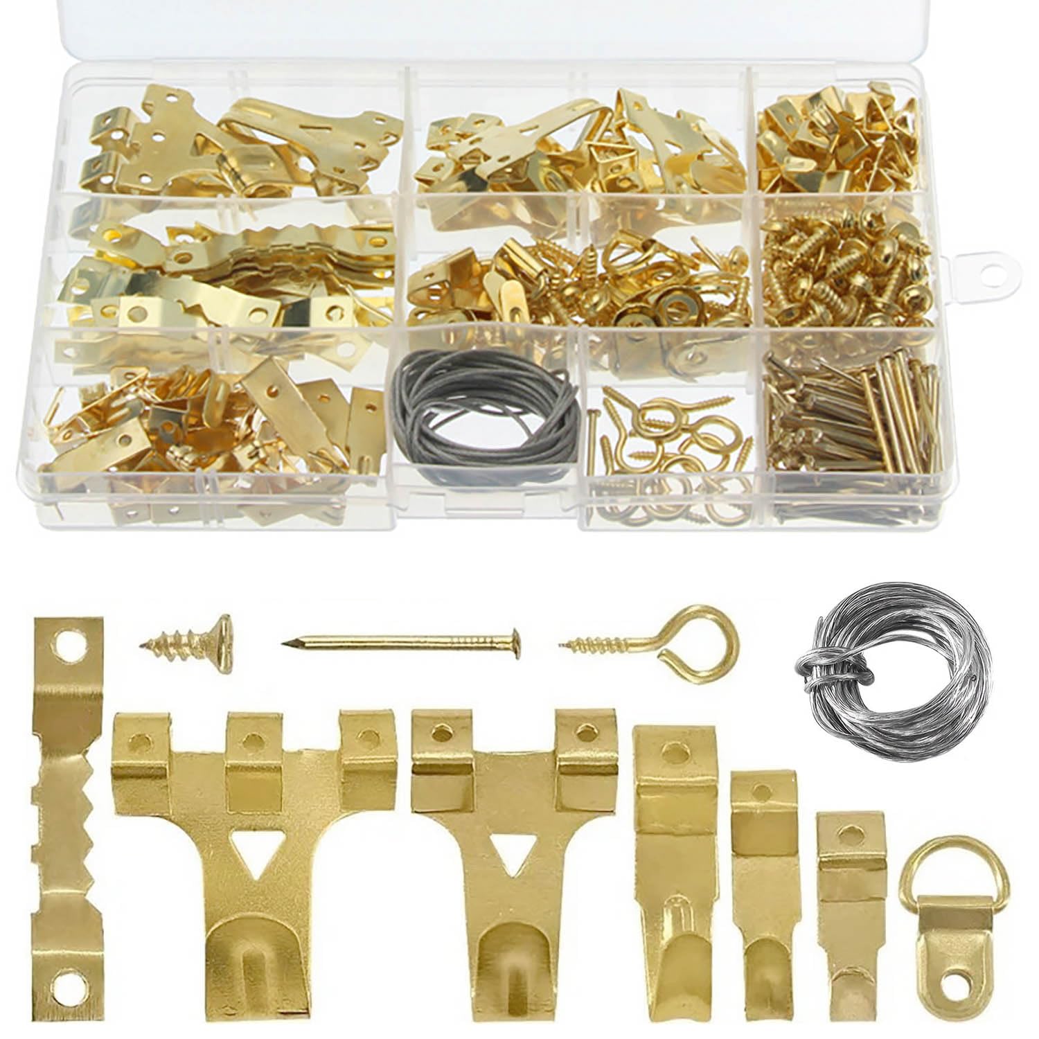 Icovalescent Gold 282Pcs Picture Hooks, Picture Hooks For Hard Walls, Picture Hanging Kit For Picture Frame Fixing, Assorted Picture Hanger Set With Picture Wire, Nails, Sawtooth, D Ring, Screw Eyes
