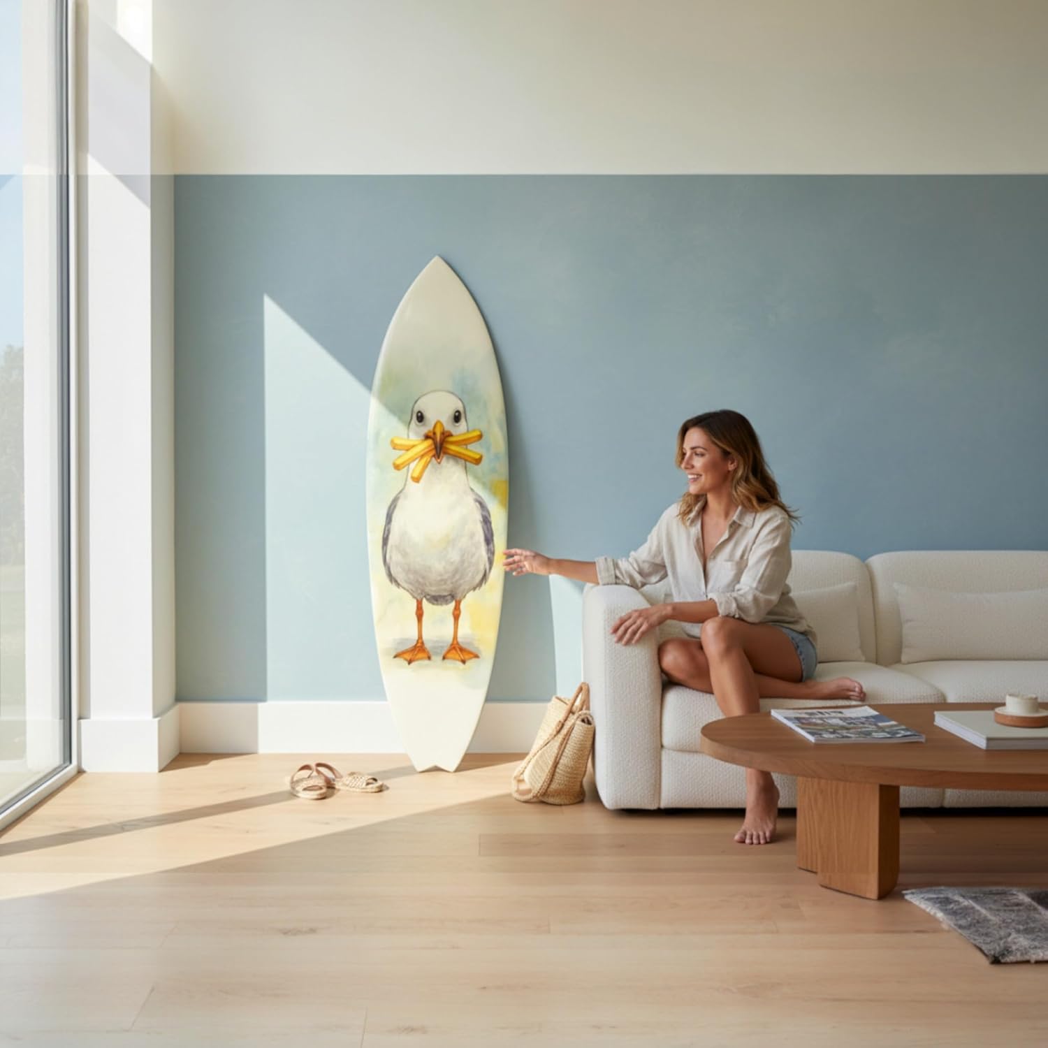 JennyGems Funny Seagull Surfboard Wall Art – Coastal Beach Decor, Seagull with Fries, Outdoor PVC Surfboard Sign (4 Foot)
