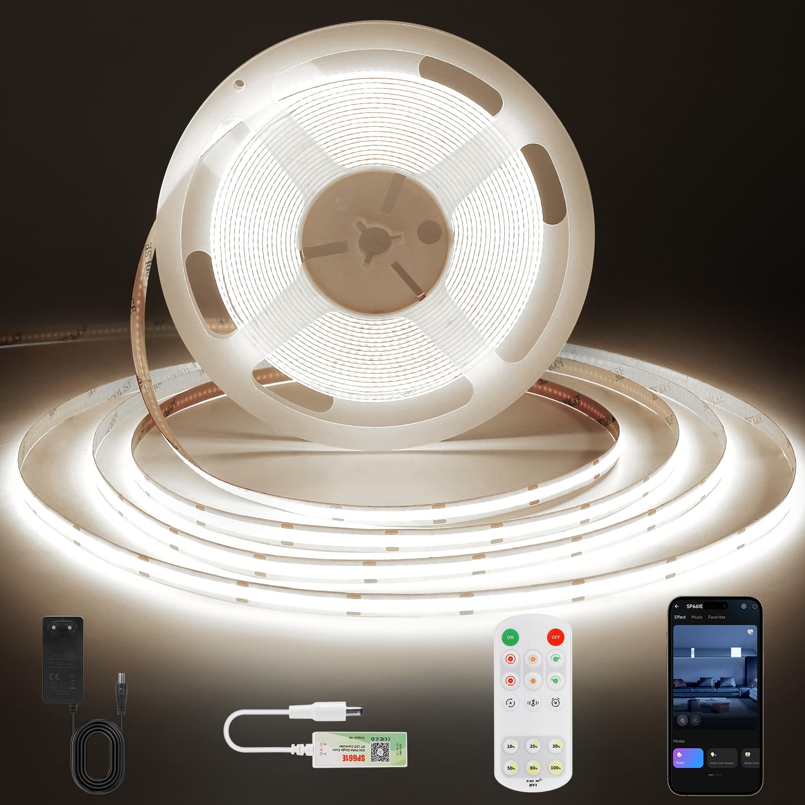 ACELUMO Smart App COB LED Streifen 10m, LED Strip 4000K mit Timerfunktion, Dynamischer Farb, Musikmodus, LED Band für Wandpaneele, Küche Wohnzimmer, Neutralweiß