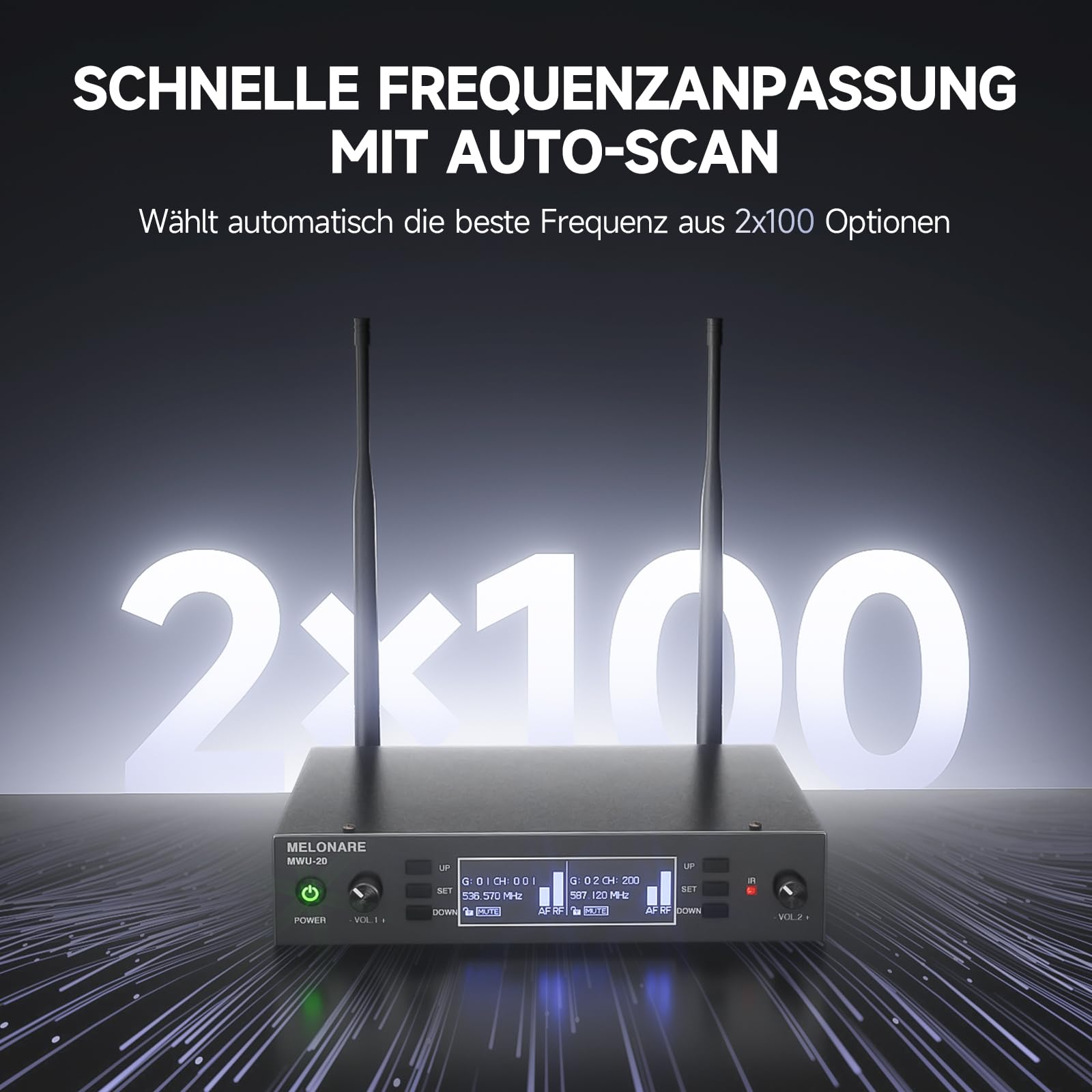 MELONARE Dual UHF Auto-Scan Funkmikrofonsystem MWU-20-2H | 2 Handmikrofone, 2 x 100 Frequenzen, 80 m Reichweite, Gesang, Karaoke, Kirche, DJ