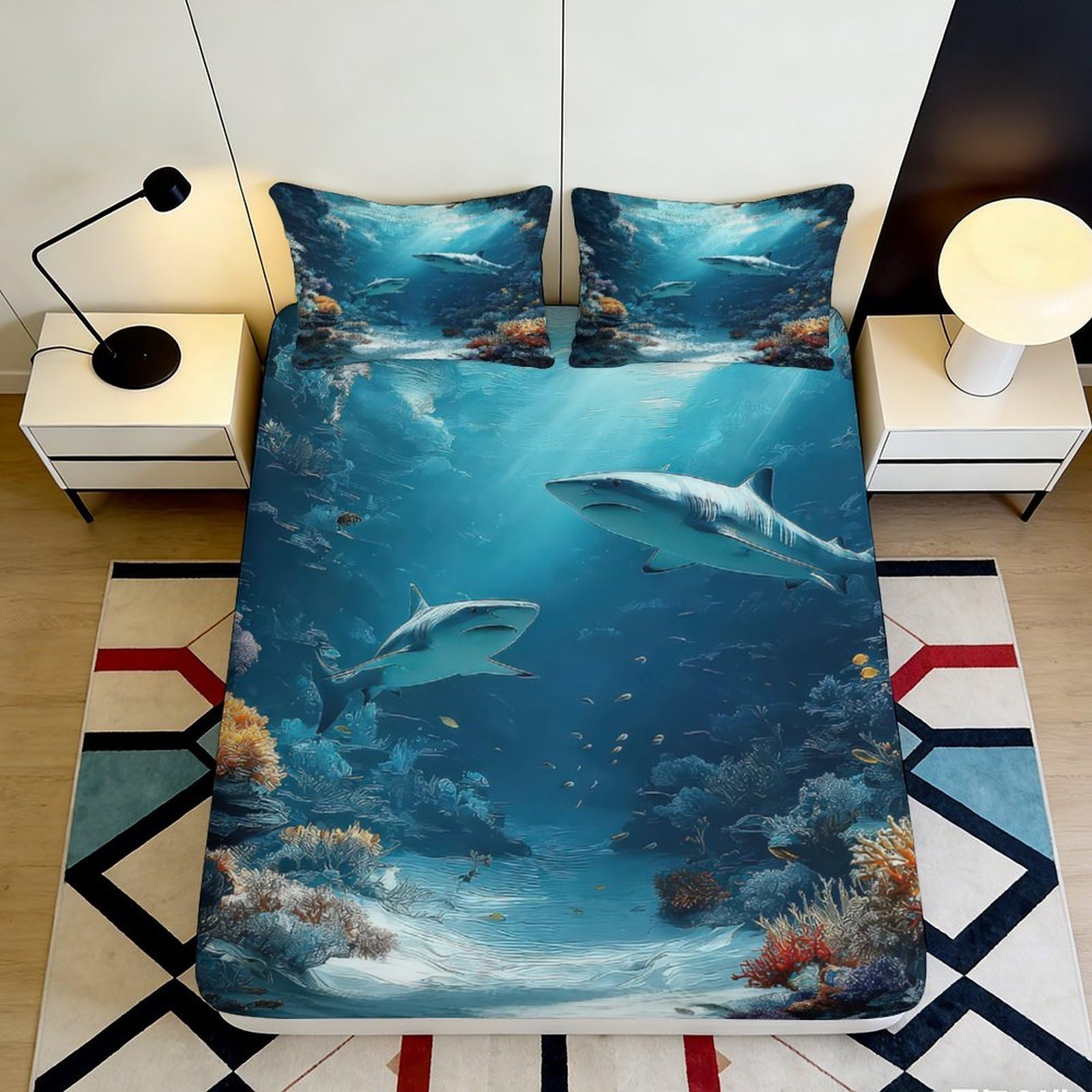 Pnayamiorkfel Style-5 3D Printed Ocean Underwater Shark Fitted Sheet Microfiber Slip-Resistant Bed Cover Machine Washable Bedroom Decor 90X200x25cm