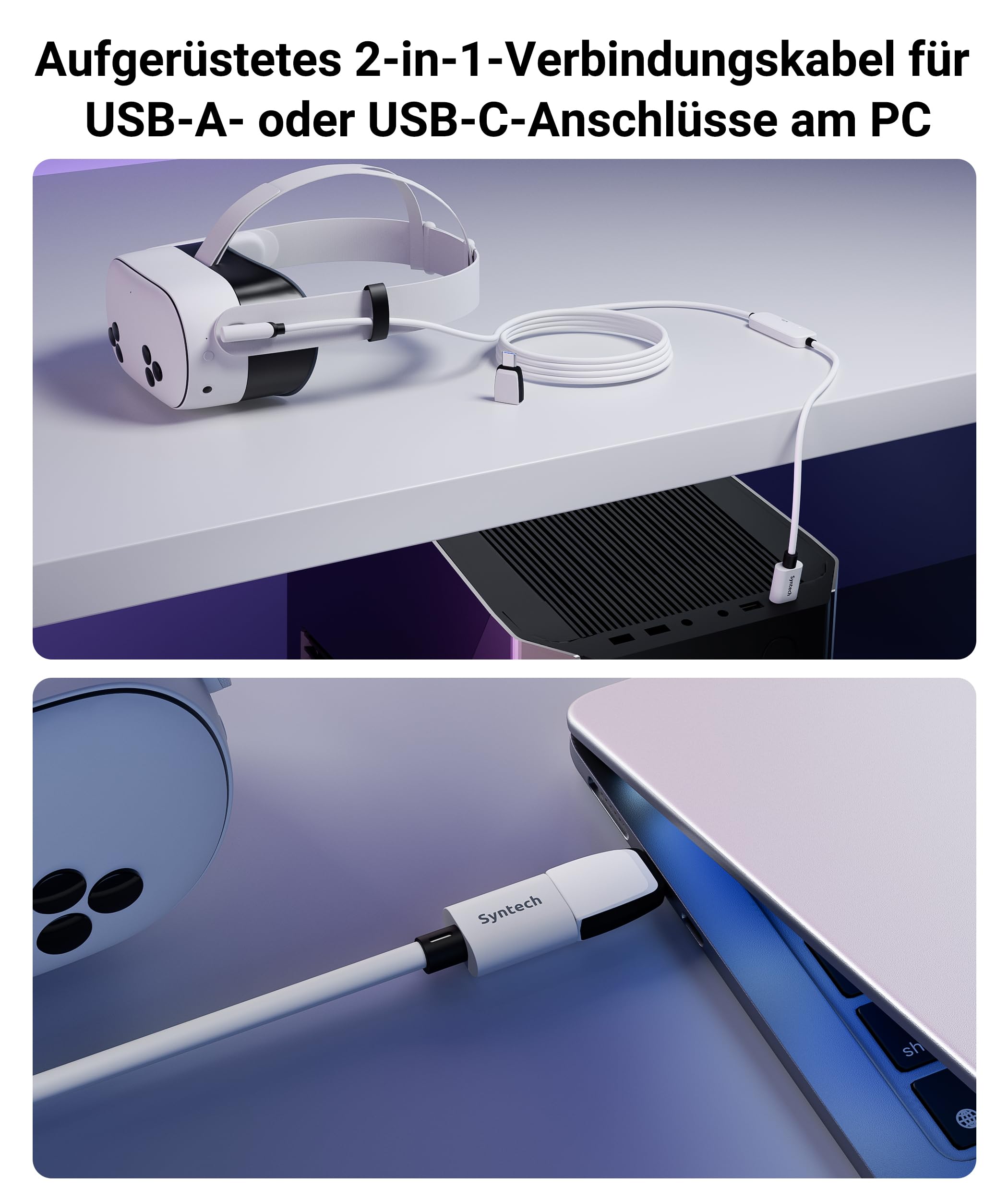 Syntech VR Cable Link con Carga 5M Compatible con Meta Quest 3S/Quest 3/Oculus Quest2 Accesorios, Cable Link USB 3.0 con Puerto de Carga Adicional, para PC/SteamVR y Juego Extendido
