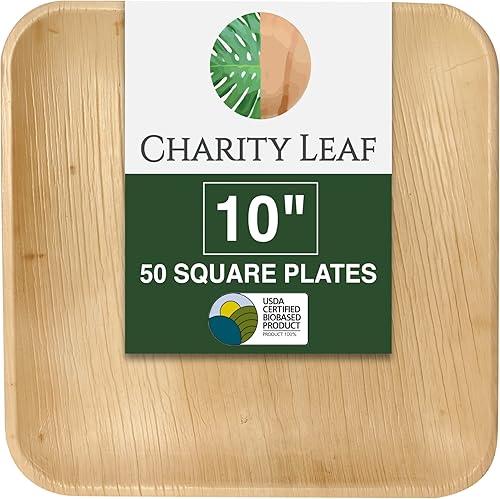 Charity Leaf Platos de hoja de palma compostables de 10 pulgadas cuadradas (paquete de 50)  Premium, 100% natural, desechables, resistentes
