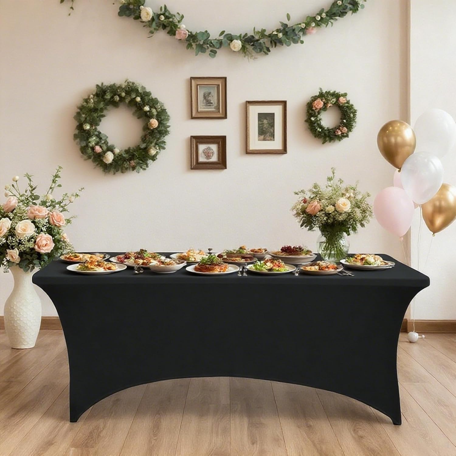 6FT Tablecloth - Stretchable, Fitted Table Cover, Wrinkle Stain Resistant, Washable Spandex Fabric for Parties, Weddings, Banquets(Black)
