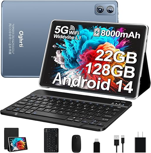 Android Tablet, 22G+128G/1TB Expansion, 10 inch Android 14 Tablets with 8000 mAh Battery, Octa-Core, GPS, Split-Screen, Face Unlock, 2 in 1 Tablet with Keyboard, Mouse, Case, Grey