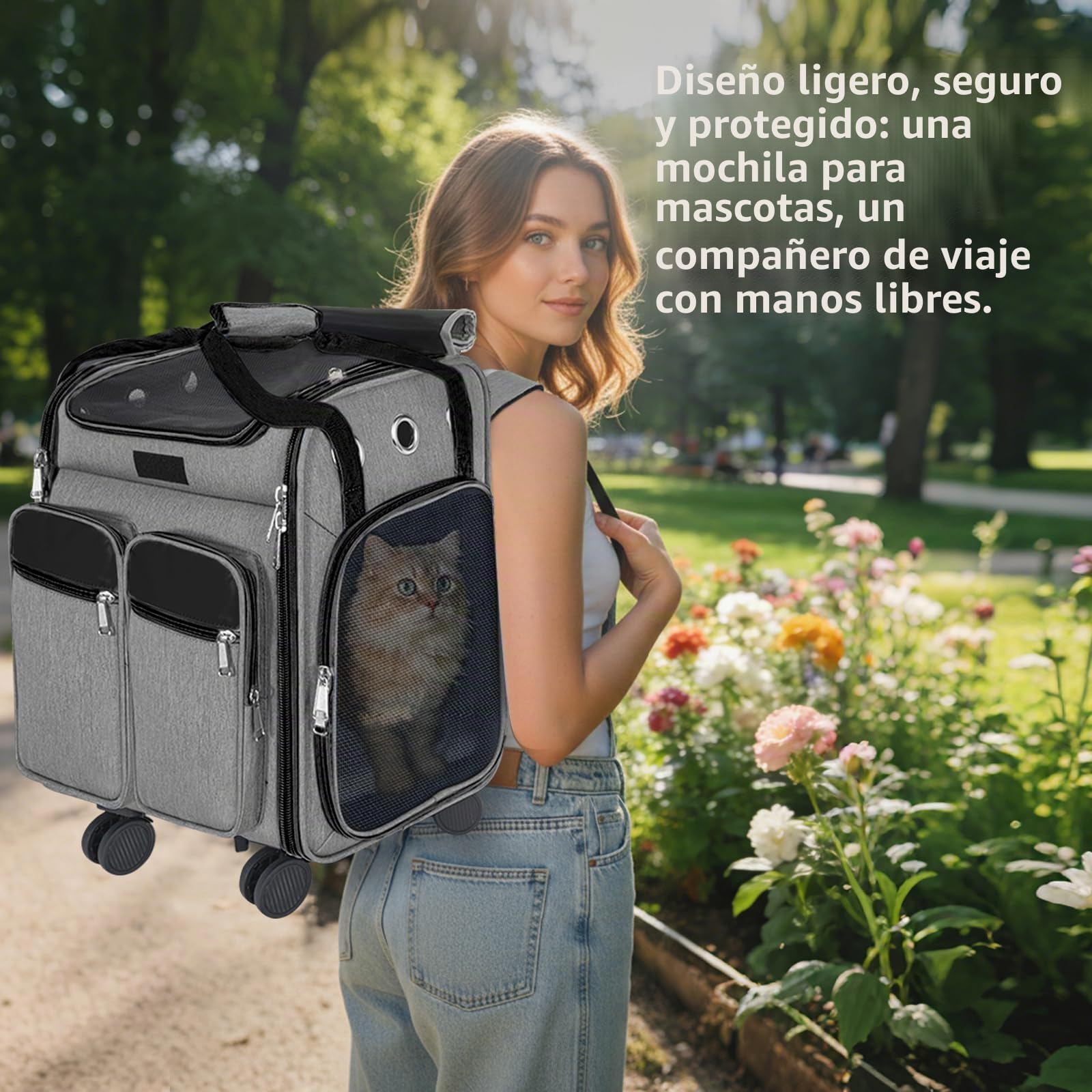 OUUTMEE Con carro 2 en 1 hasta 20 kg, mochila para gatos grande con ruedas, mochila multifuncional, transpirable, gris